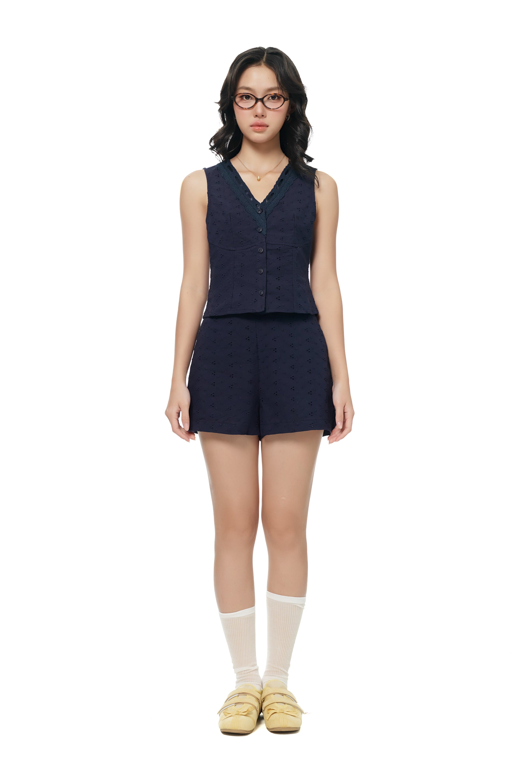 Short Notice Eyelet A-Line Shorts in Navy