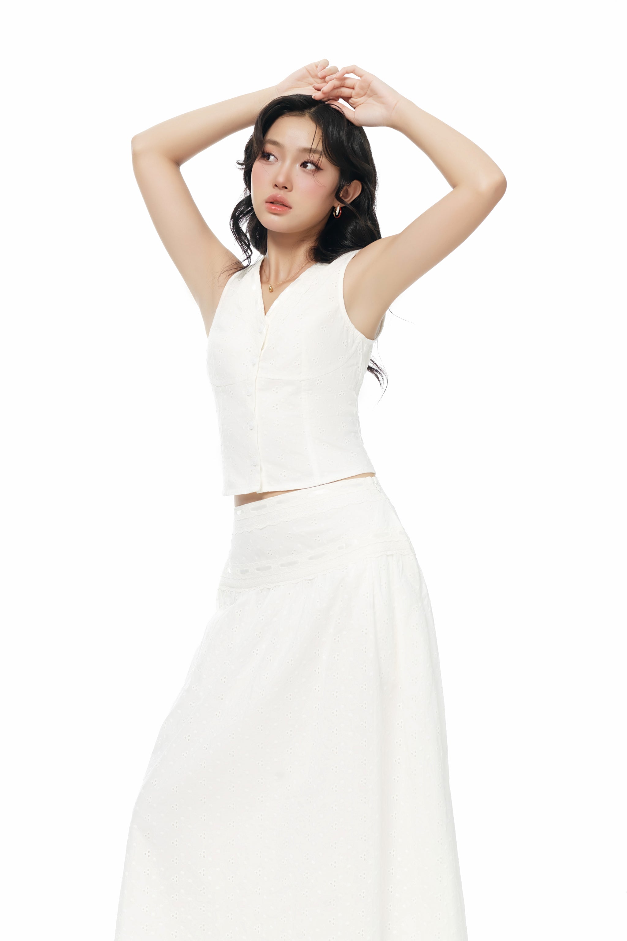 Soft Spot Lace Trim Eyelet V-neck Top in White