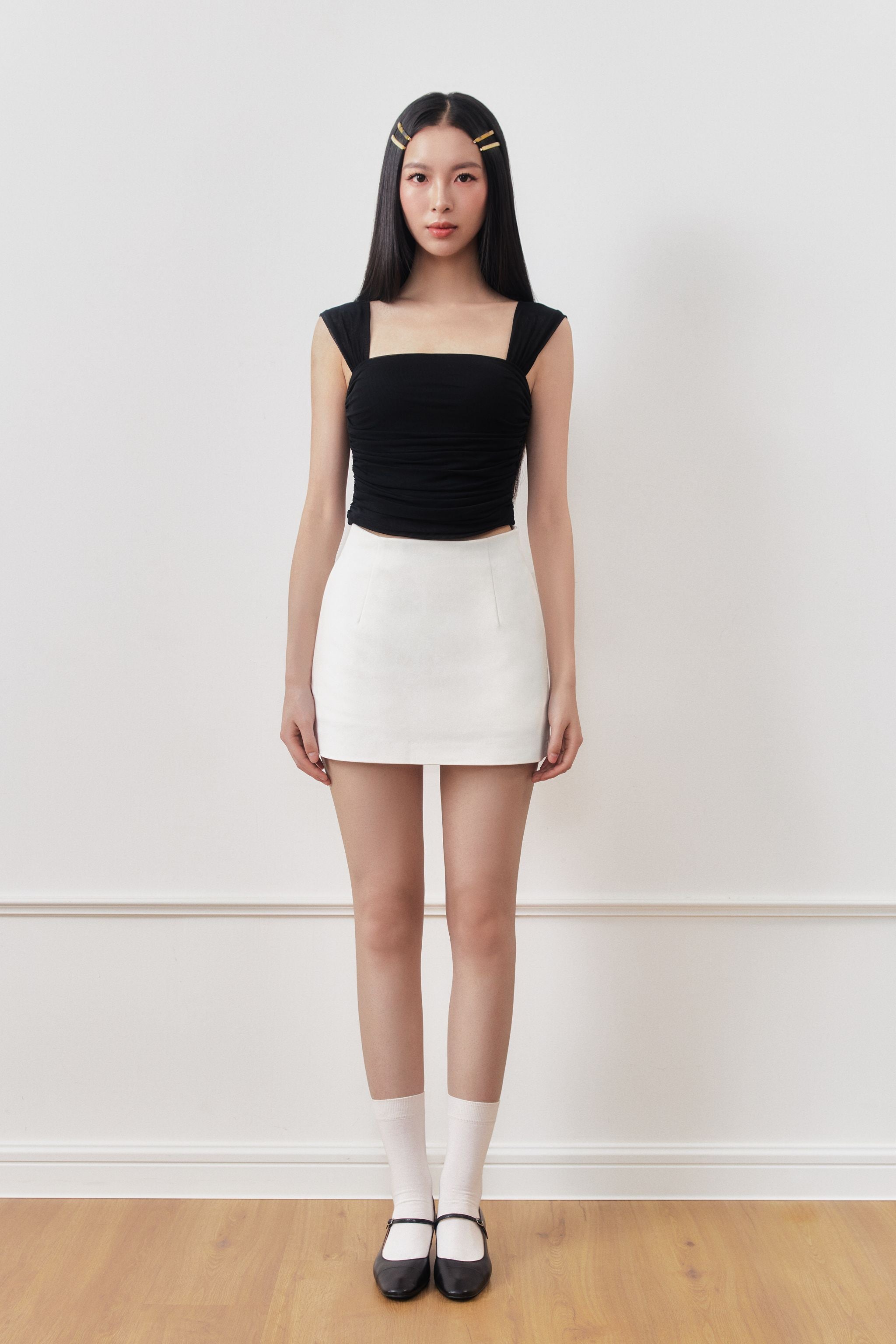 Double Take Padded Ruched Mesh Top in Black