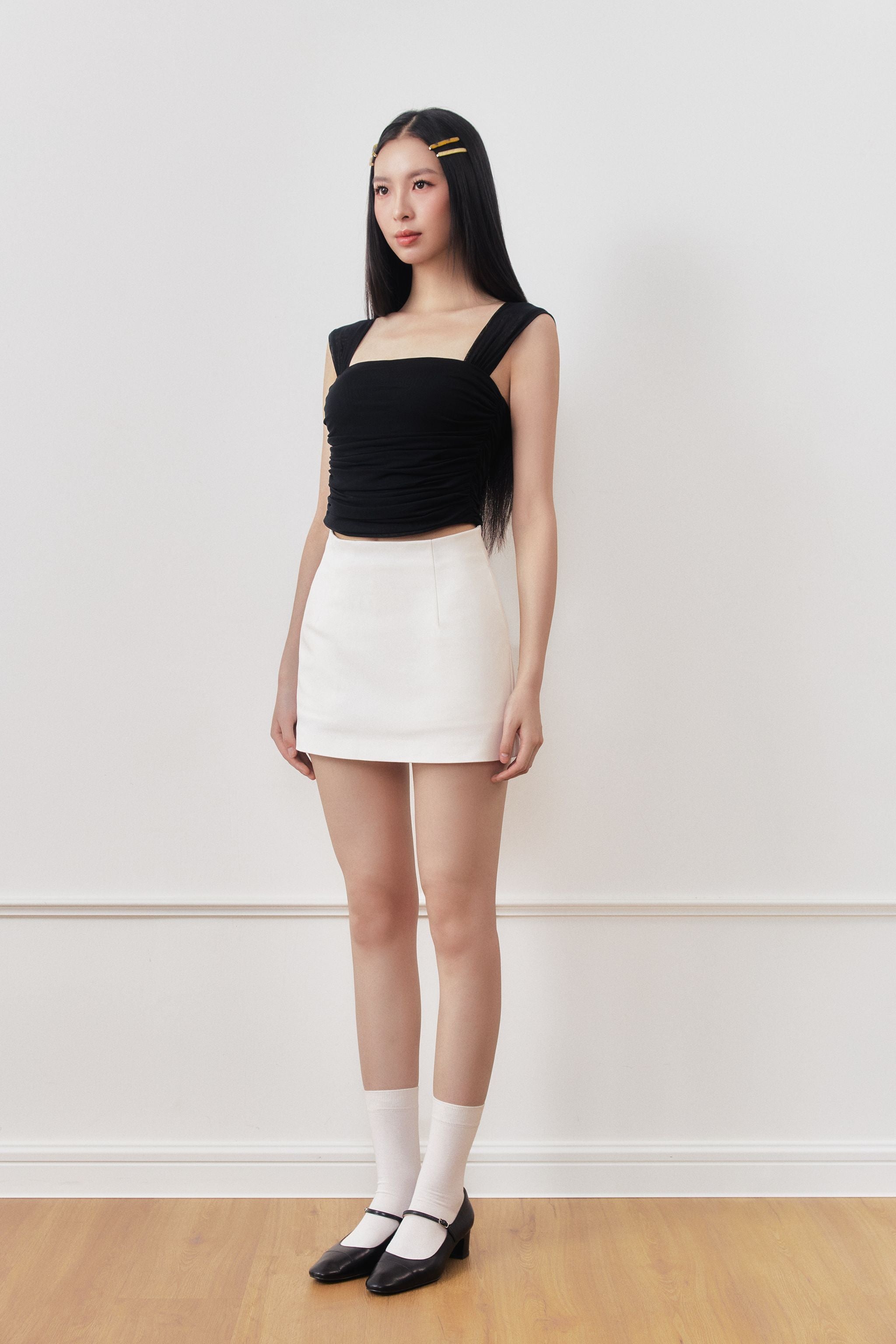 Double Take Padded Ruched Mesh Top in Black