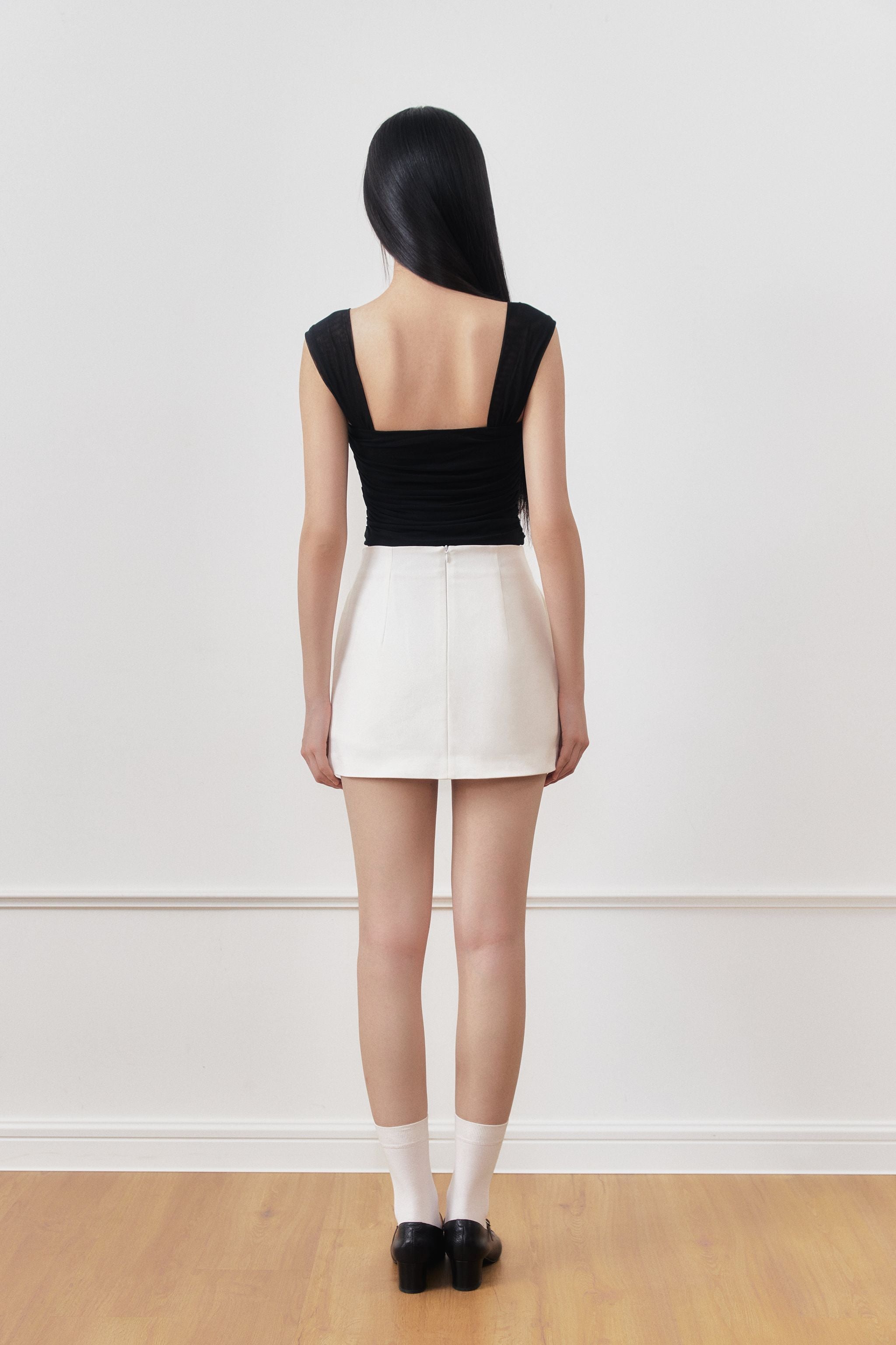 Double Take Padded Ruched Mesh Top in Black