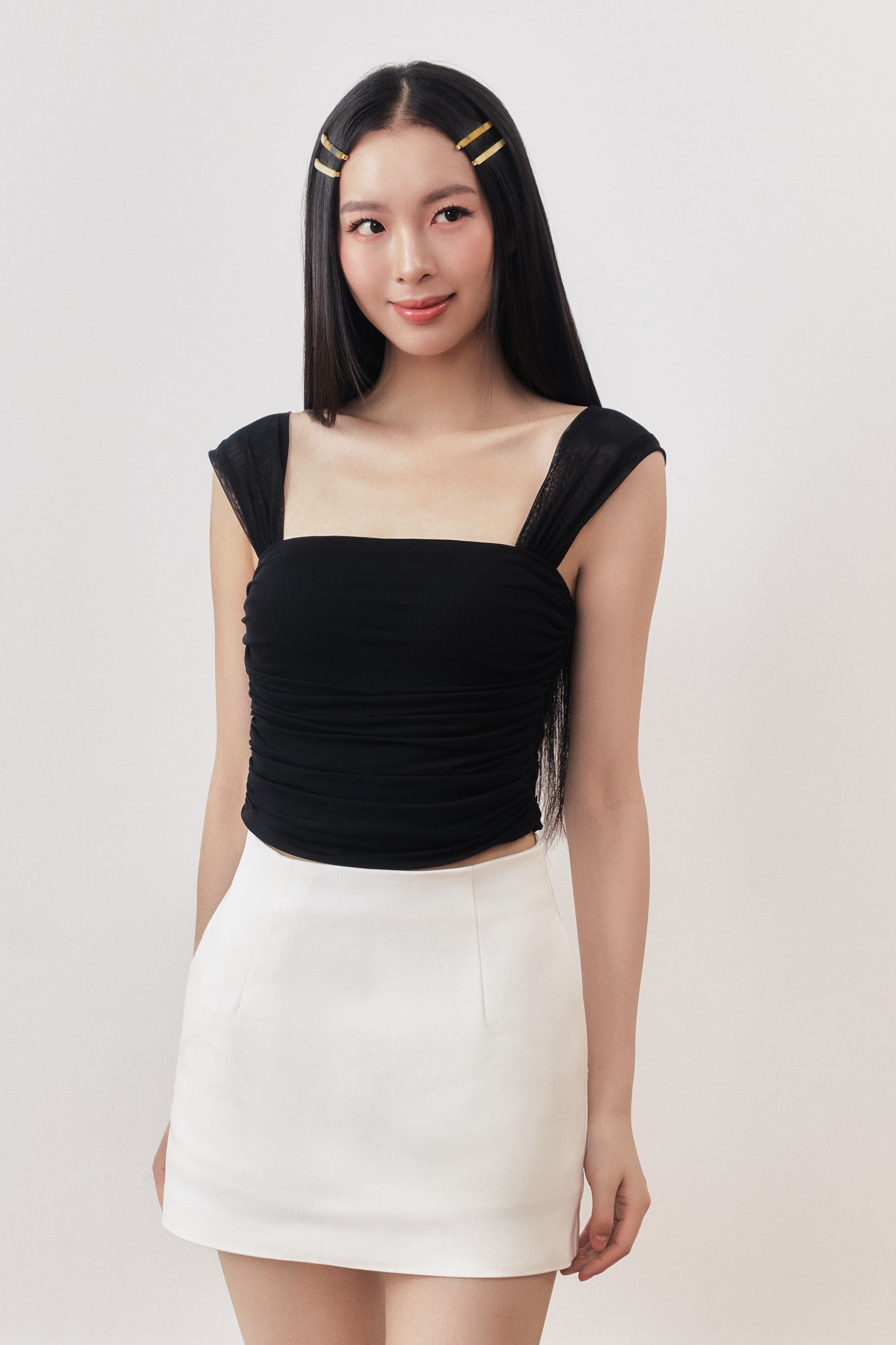 Double Take Padded Ruched Mesh Top in Black