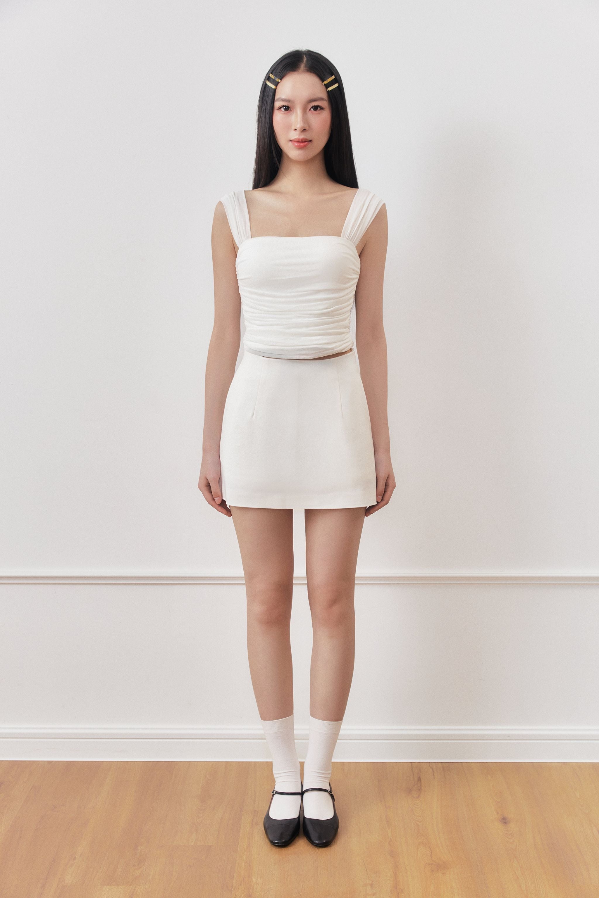 Double Take Padded Ruched Mesh Top in White