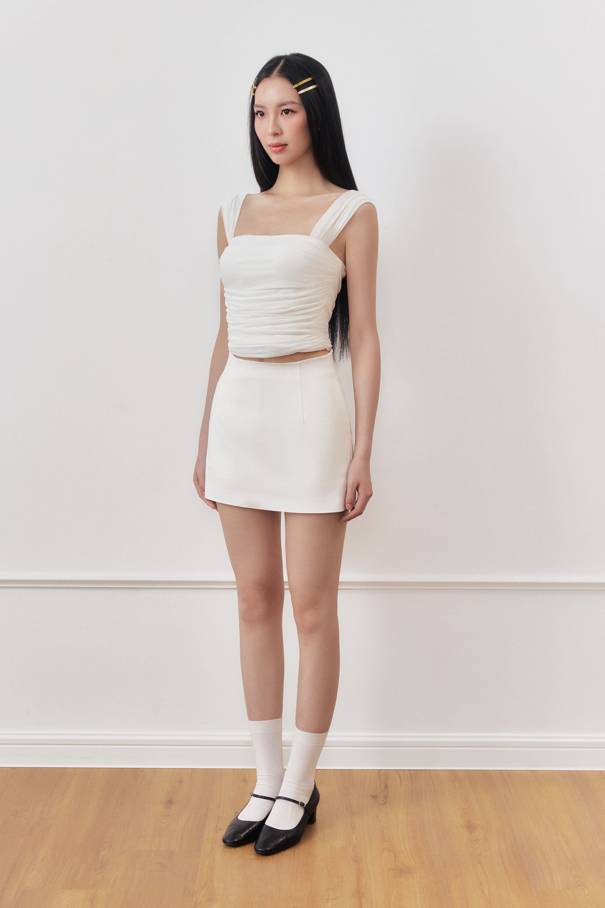 Double Take Padded Ruched Mesh Top in White
