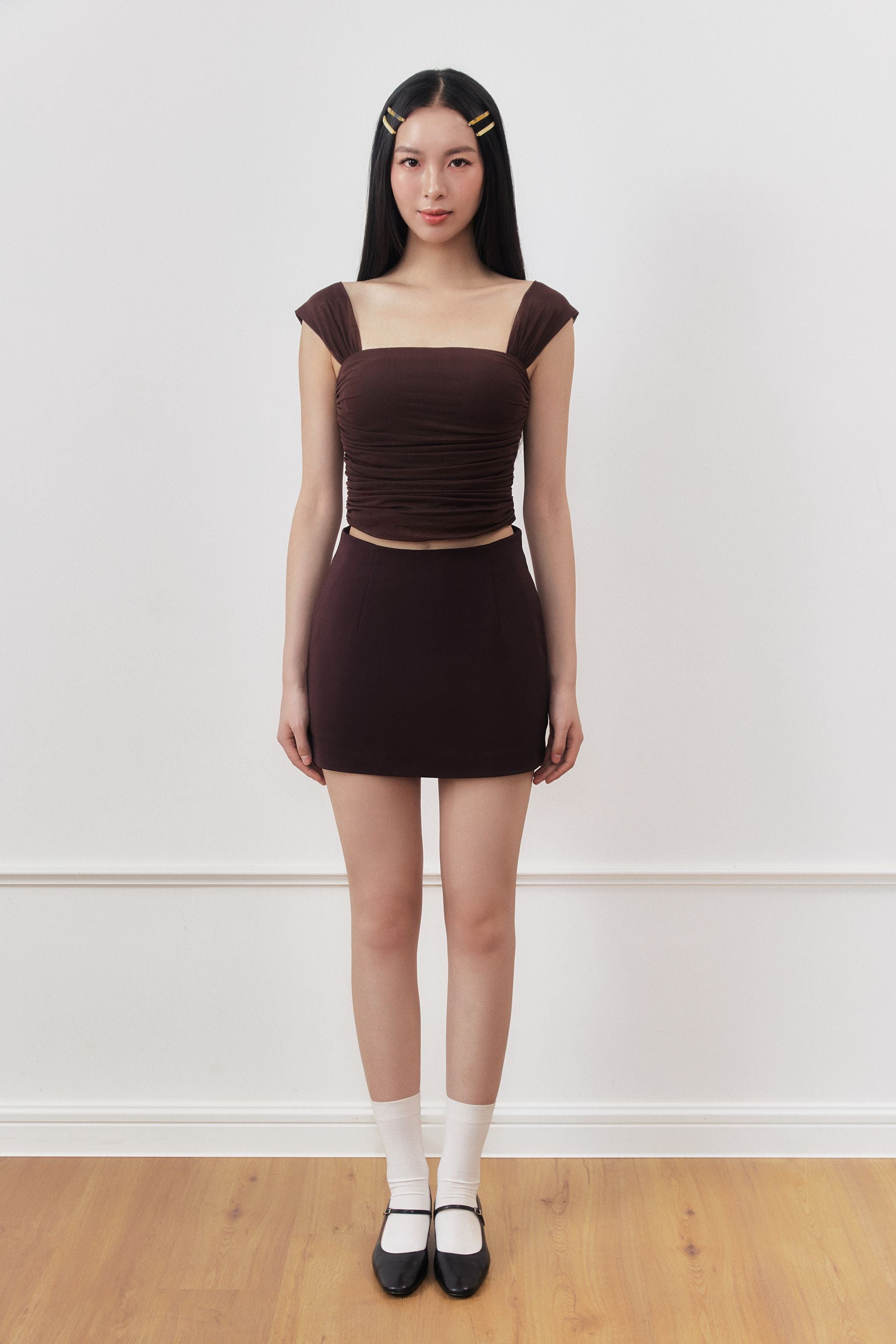 Double Take Padded Ruched Mesh Top in Coffee