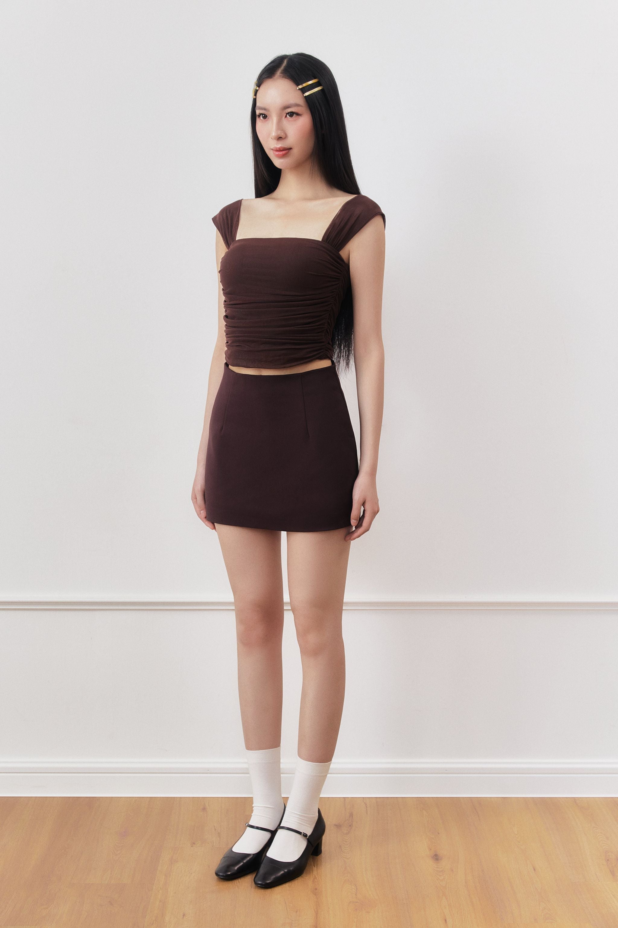 Double Take Padded Ruched Mesh Top in Coffee