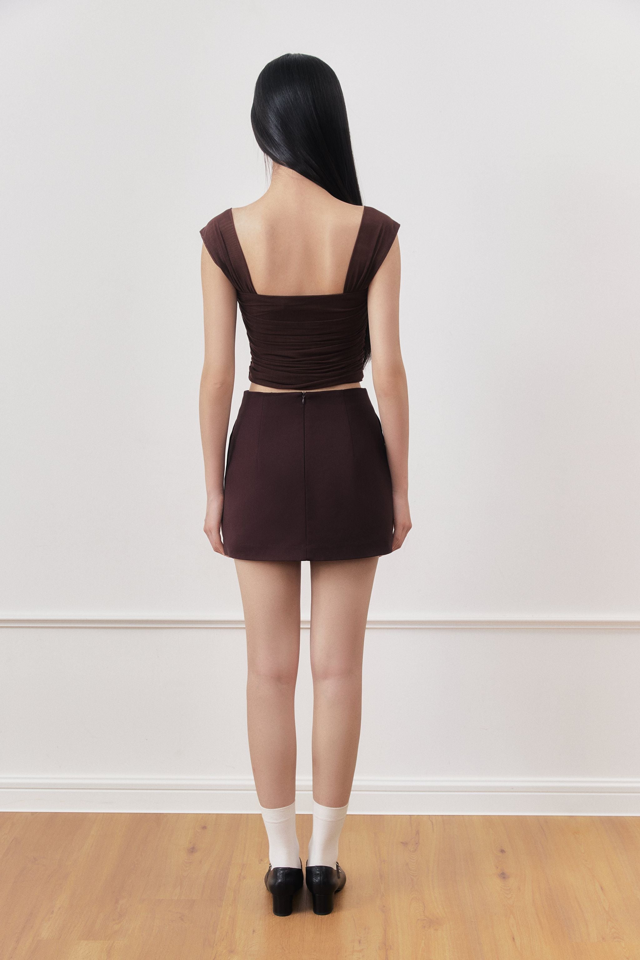 Double Take Padded Ruched Mesh Top in Coffee