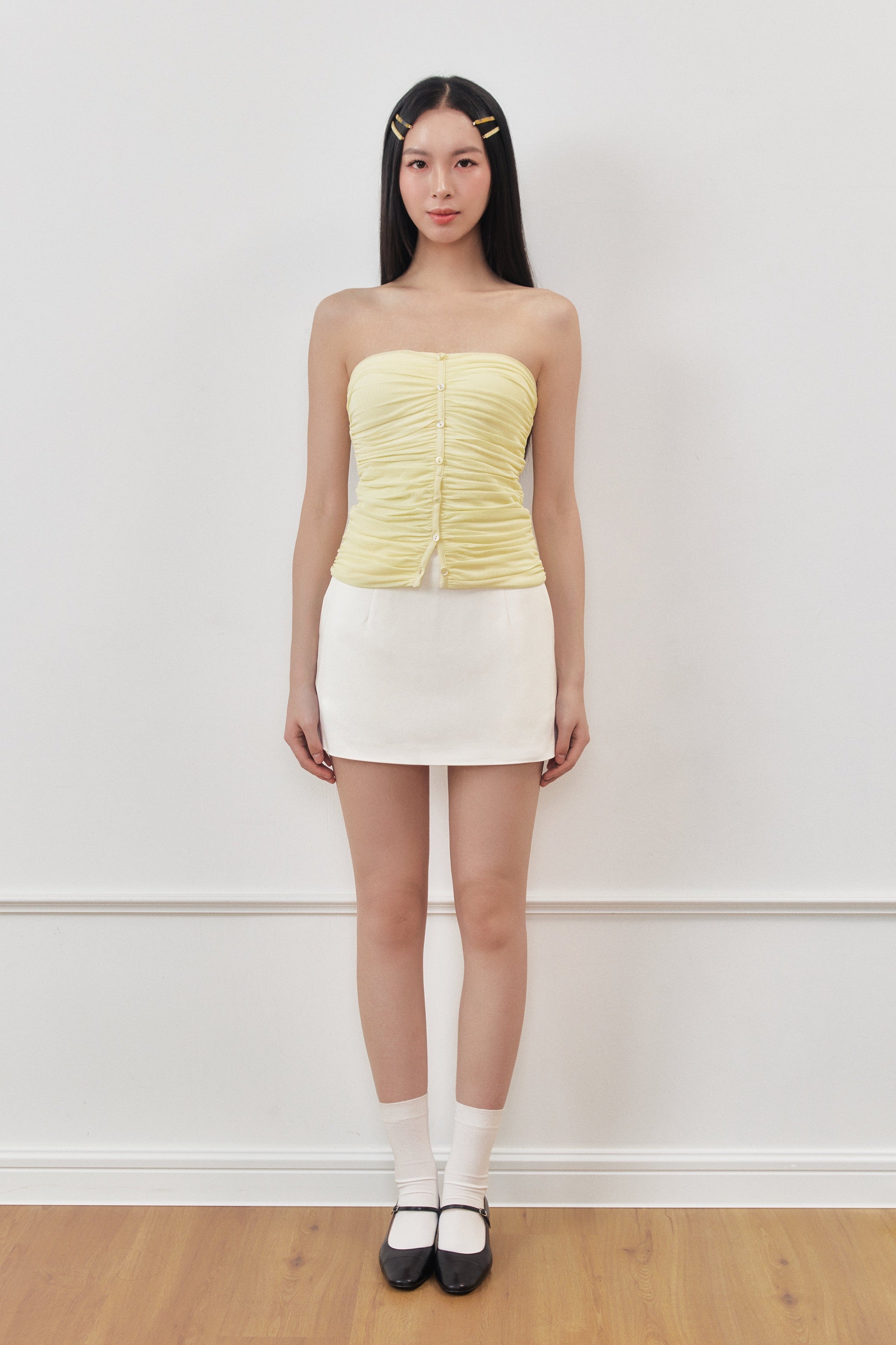 Soufflé Padded Ruched Mesh Tube Top in Lemon Drop