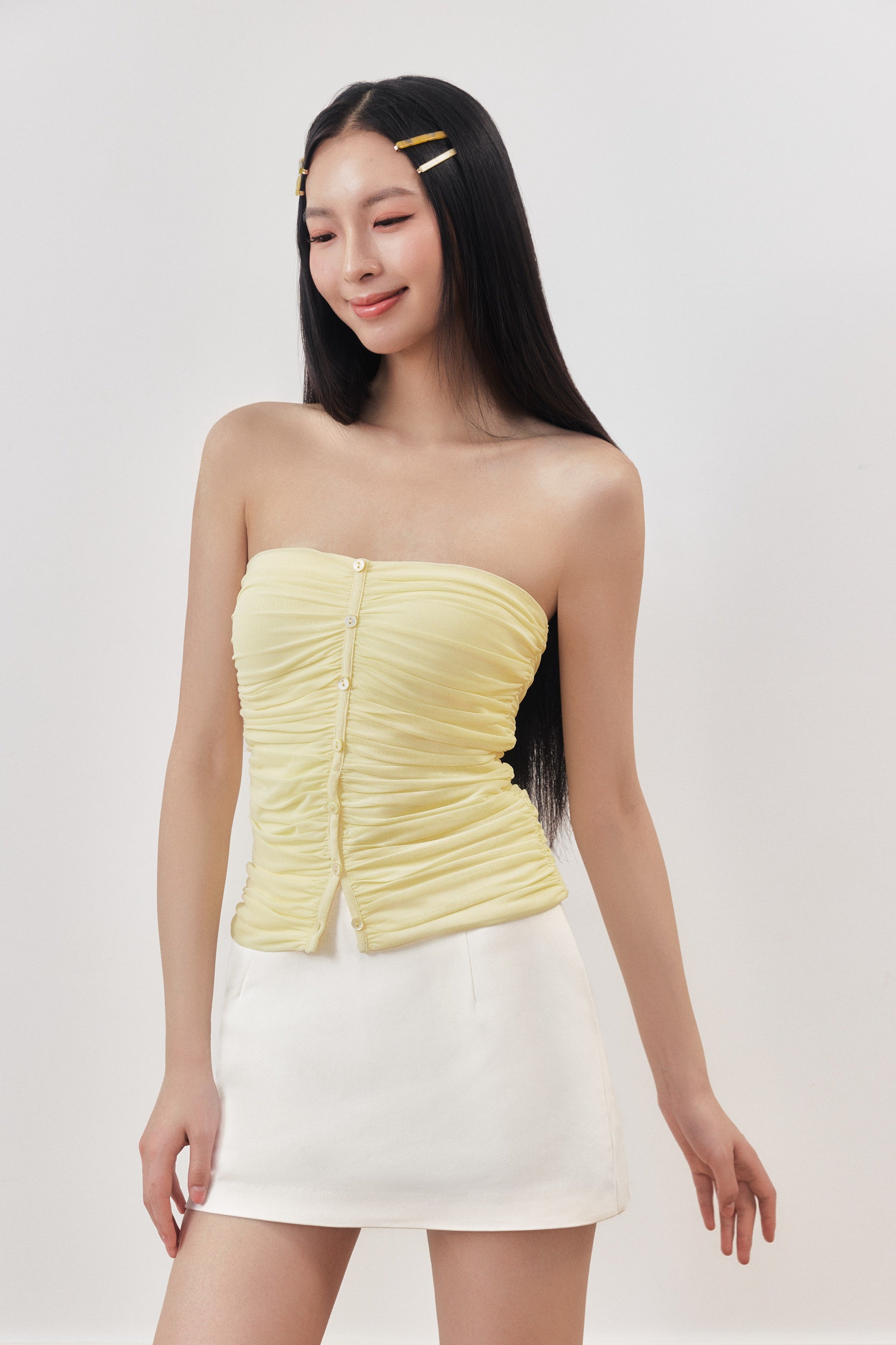 Soufflé Padded Ruched Mesh Tube Top in Lemon Drop