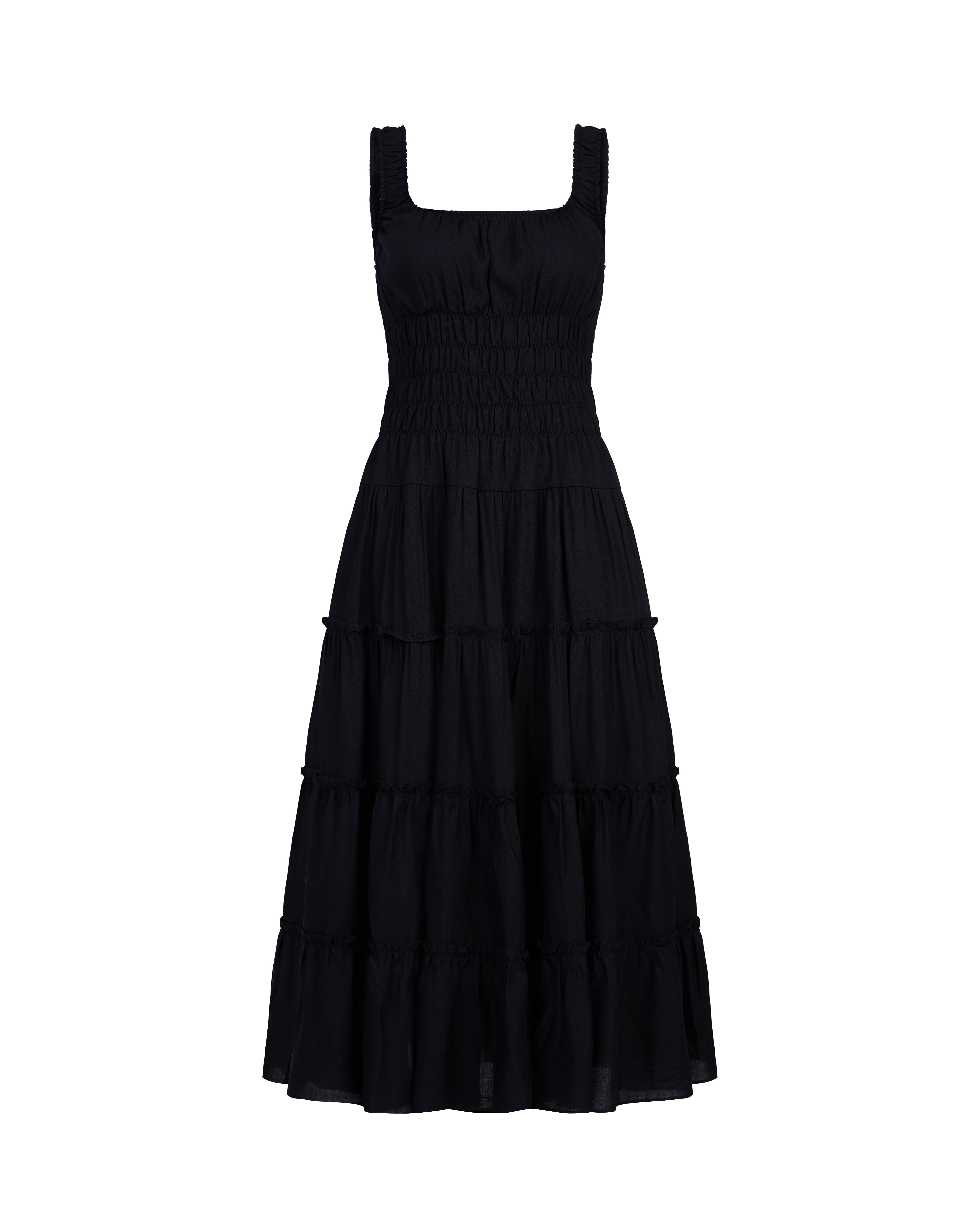 Sunday Stroll Smocked Linen Midi Dress in Black