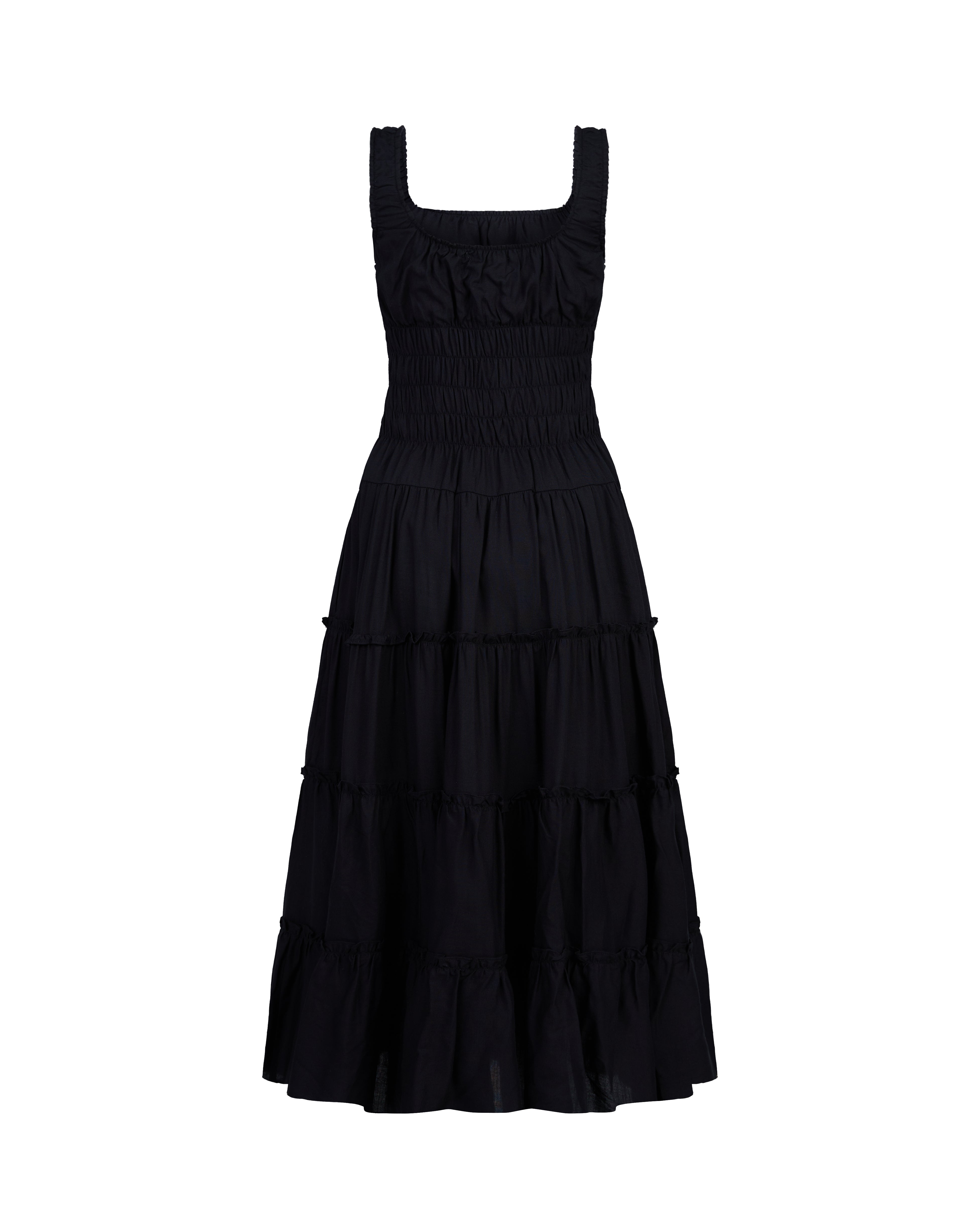 Sunday Stroll Smocked Linen Midi Dress in Black