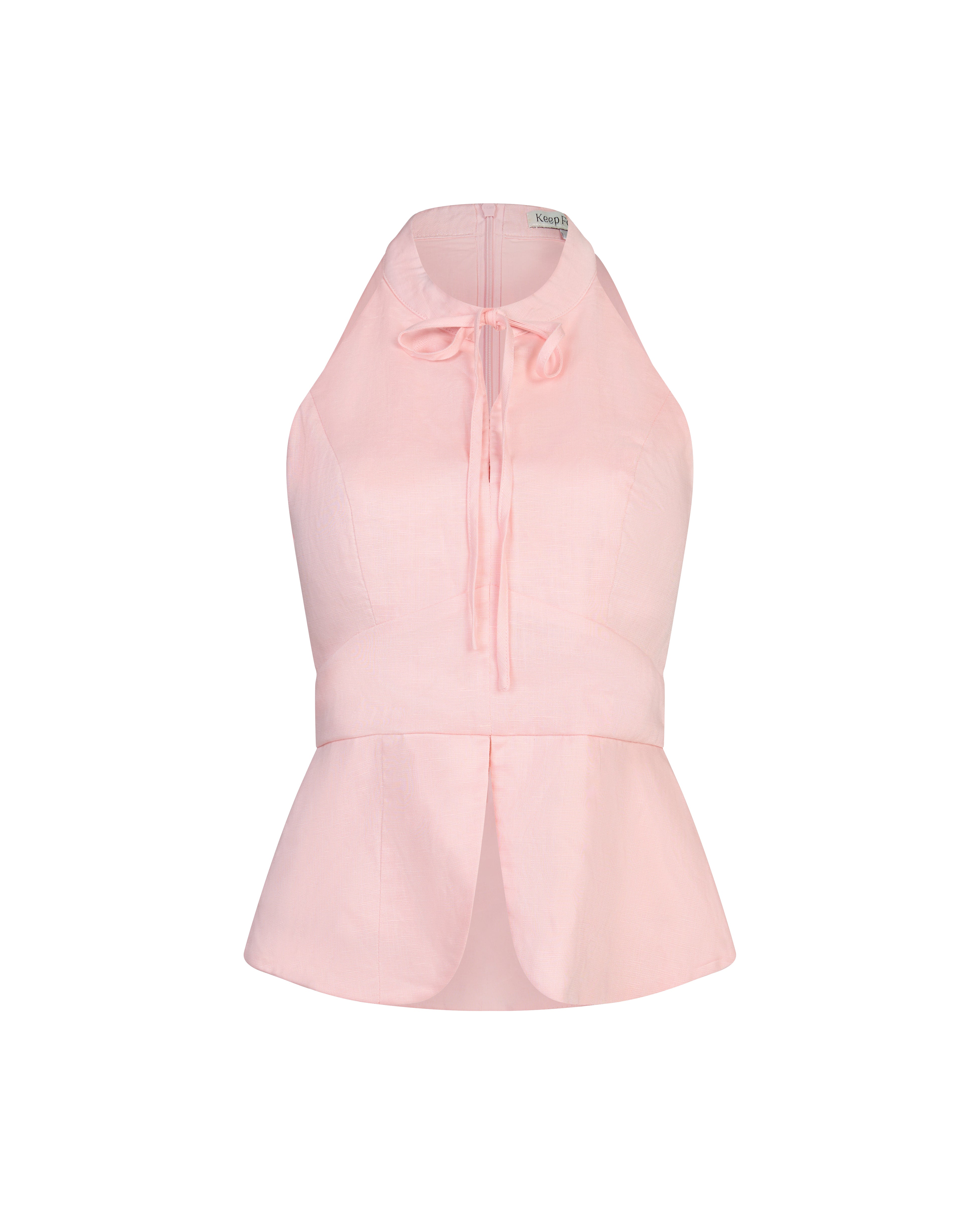 Full House Tied Collar Linen Padded Top in Blush Pink