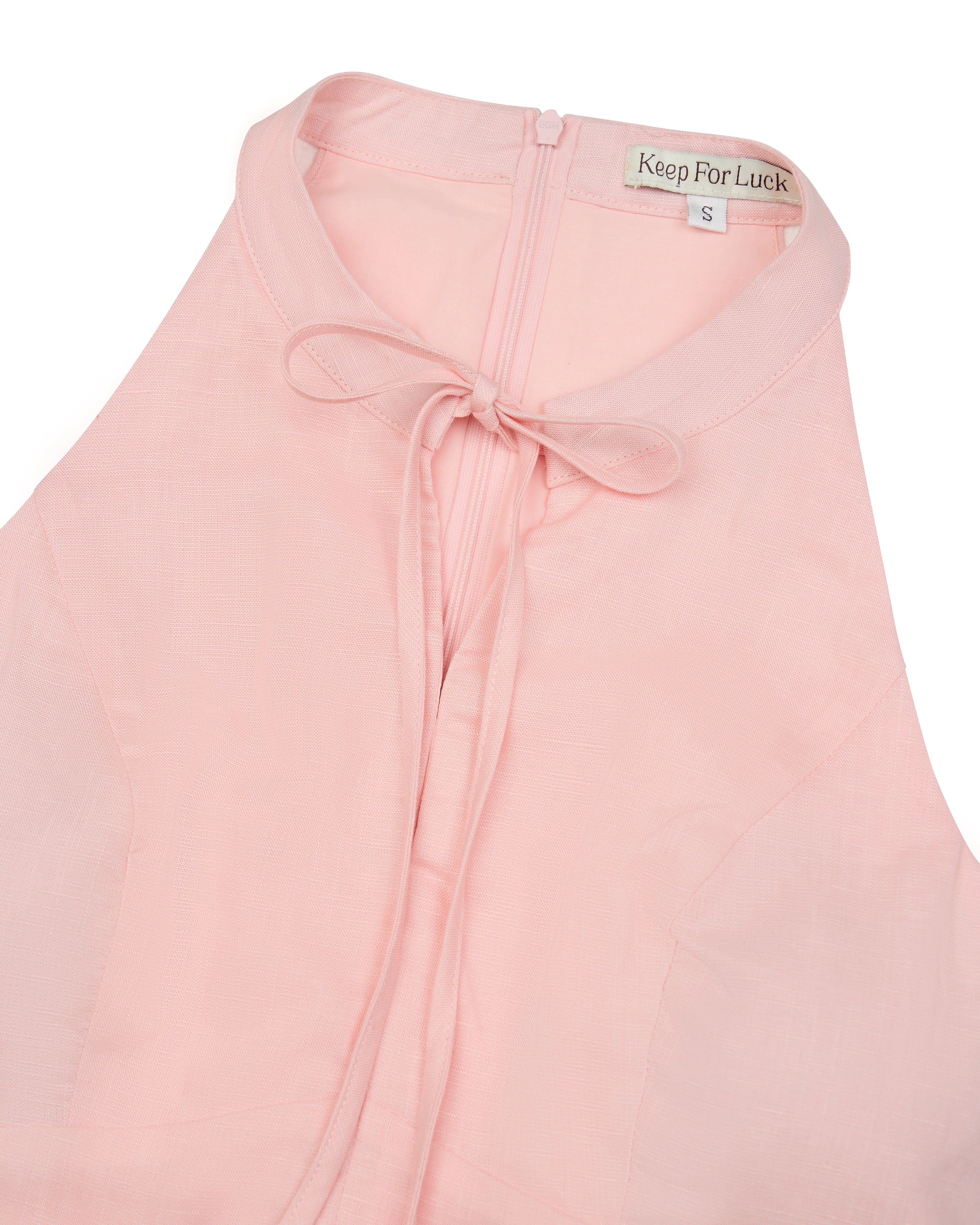 Full House Tied Collar Linen Padded Top in Blush Pink
