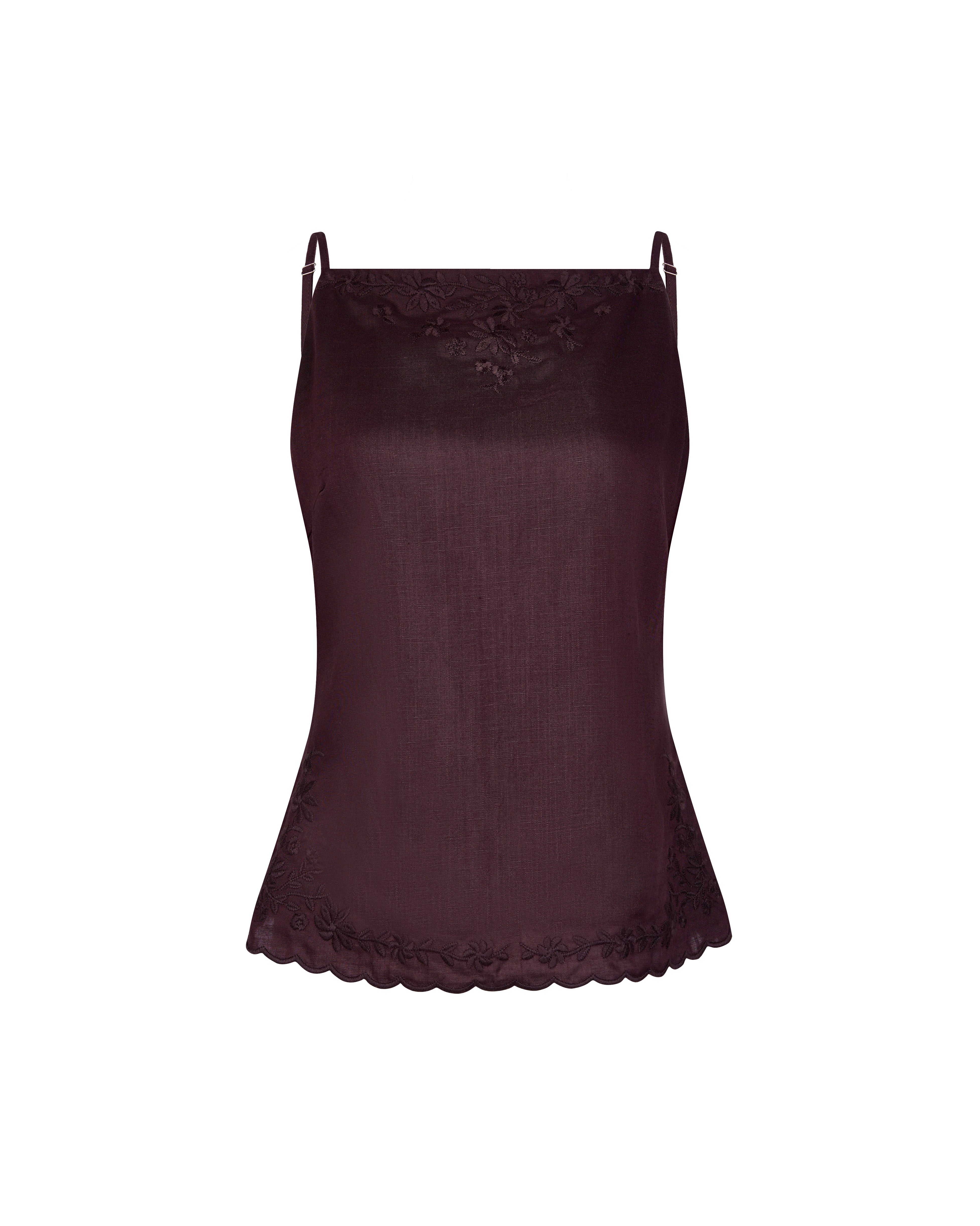 Keepsake Floral Embroidered Linen Top in Espresso