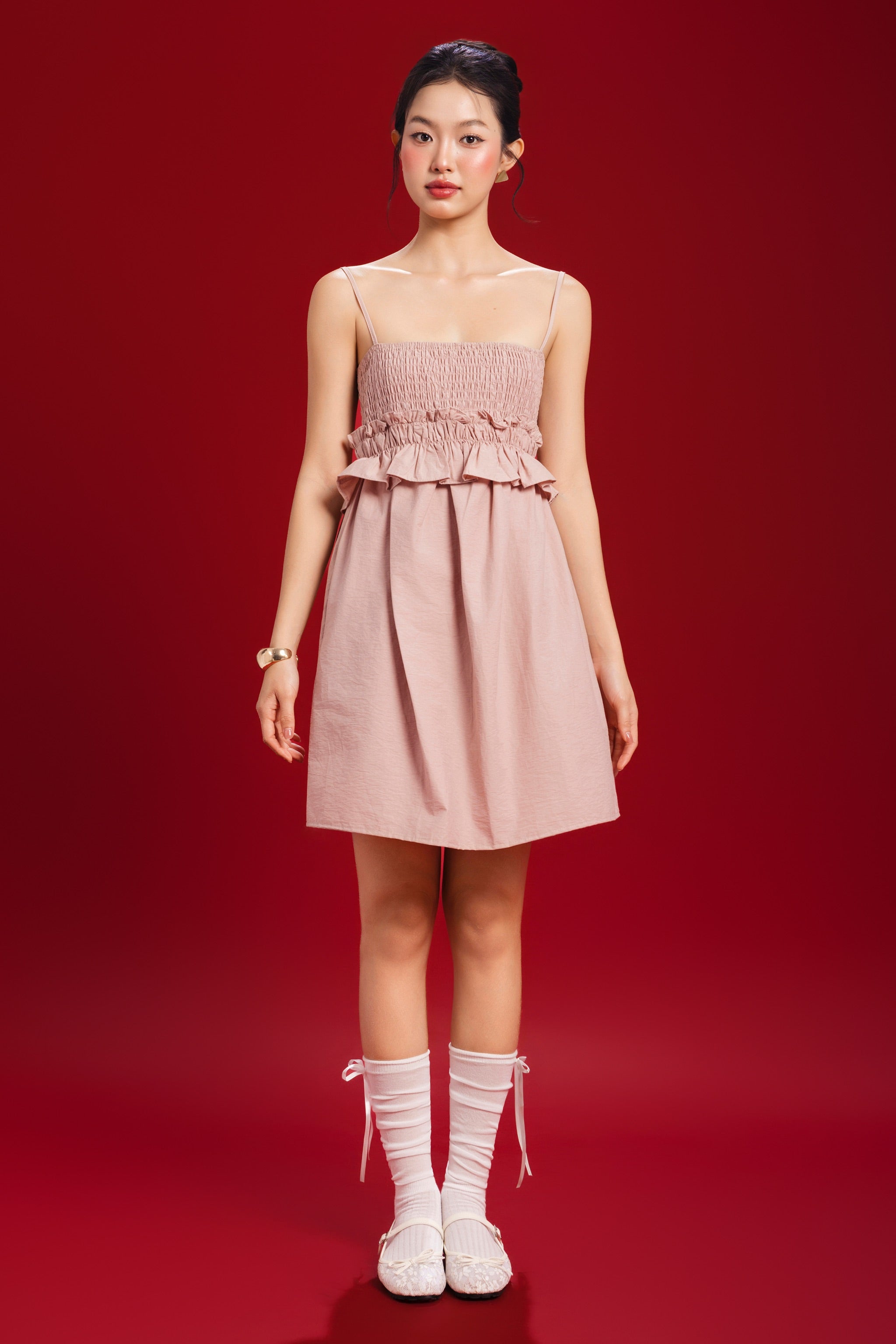 Buttercup Smocked Ruffle Babydoll Dress in Dusty Pink