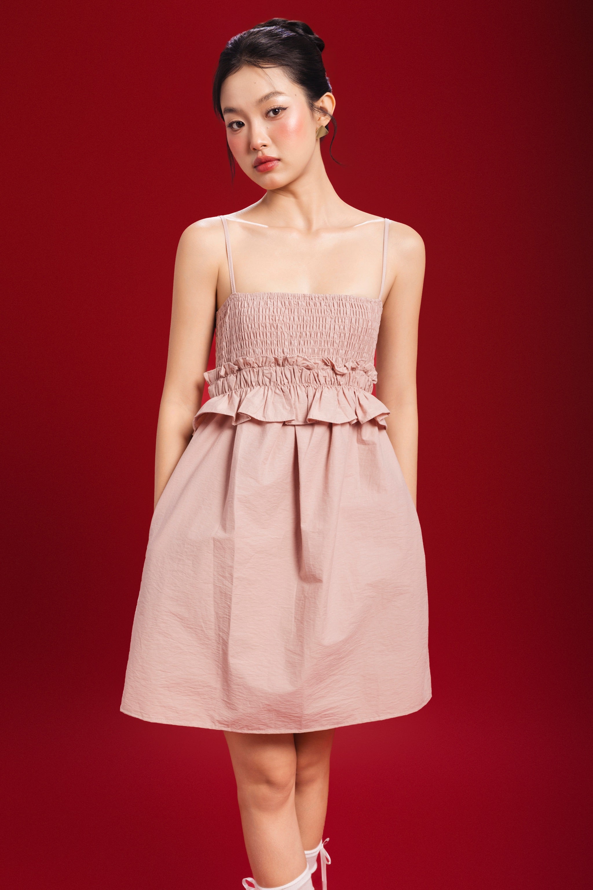 Buttercup Smocked Ruffle Babydoll Dress in Dusty Pink