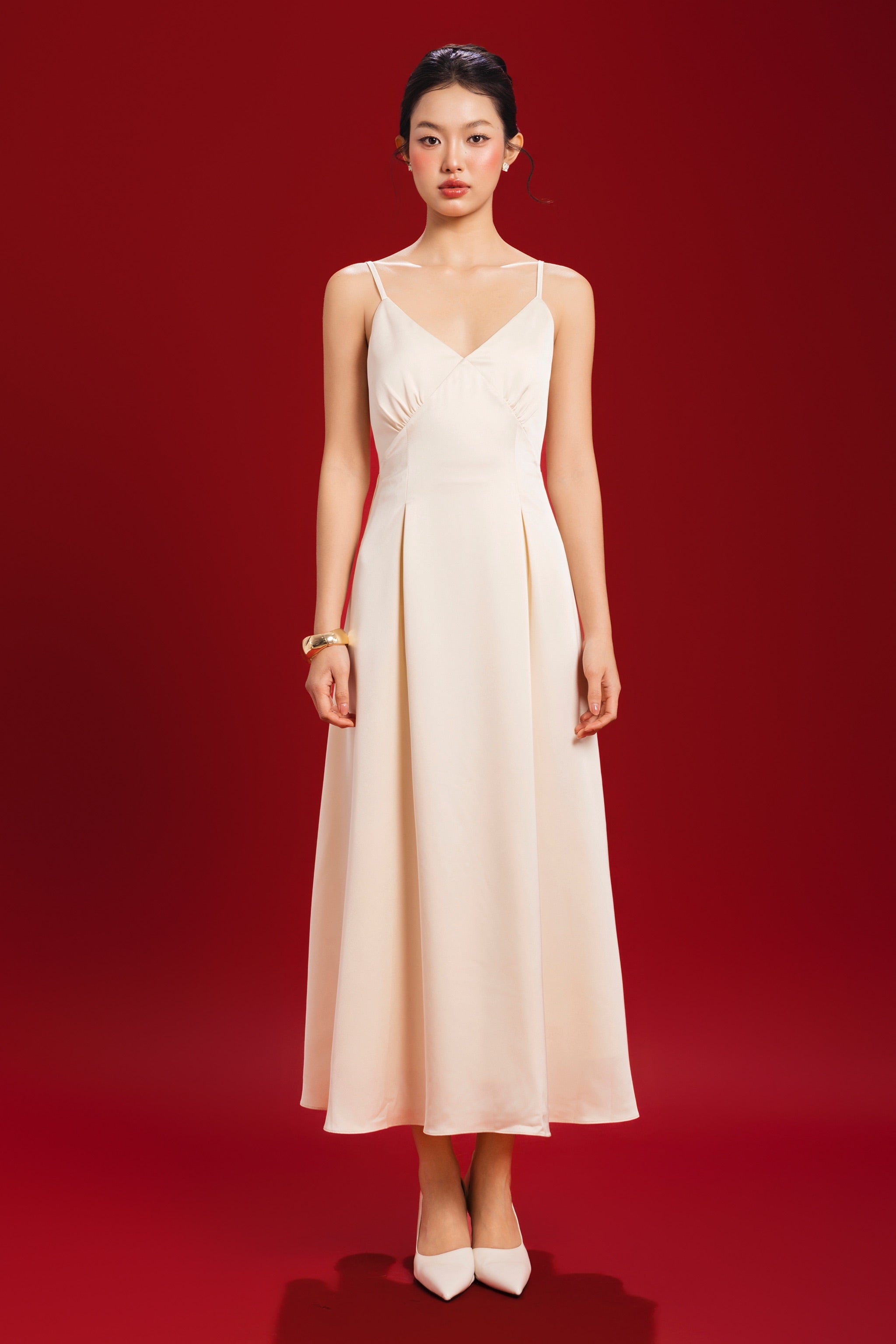 Opulence V-neck Padded Satin Dress in Champagne
