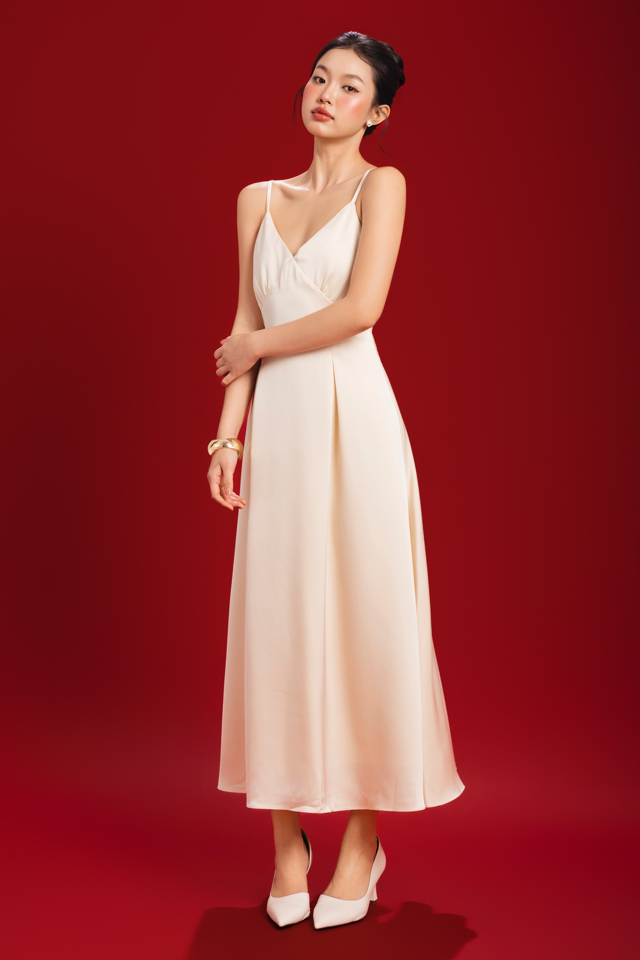 Opulence V-neck Padded Satin Dress in Champagne