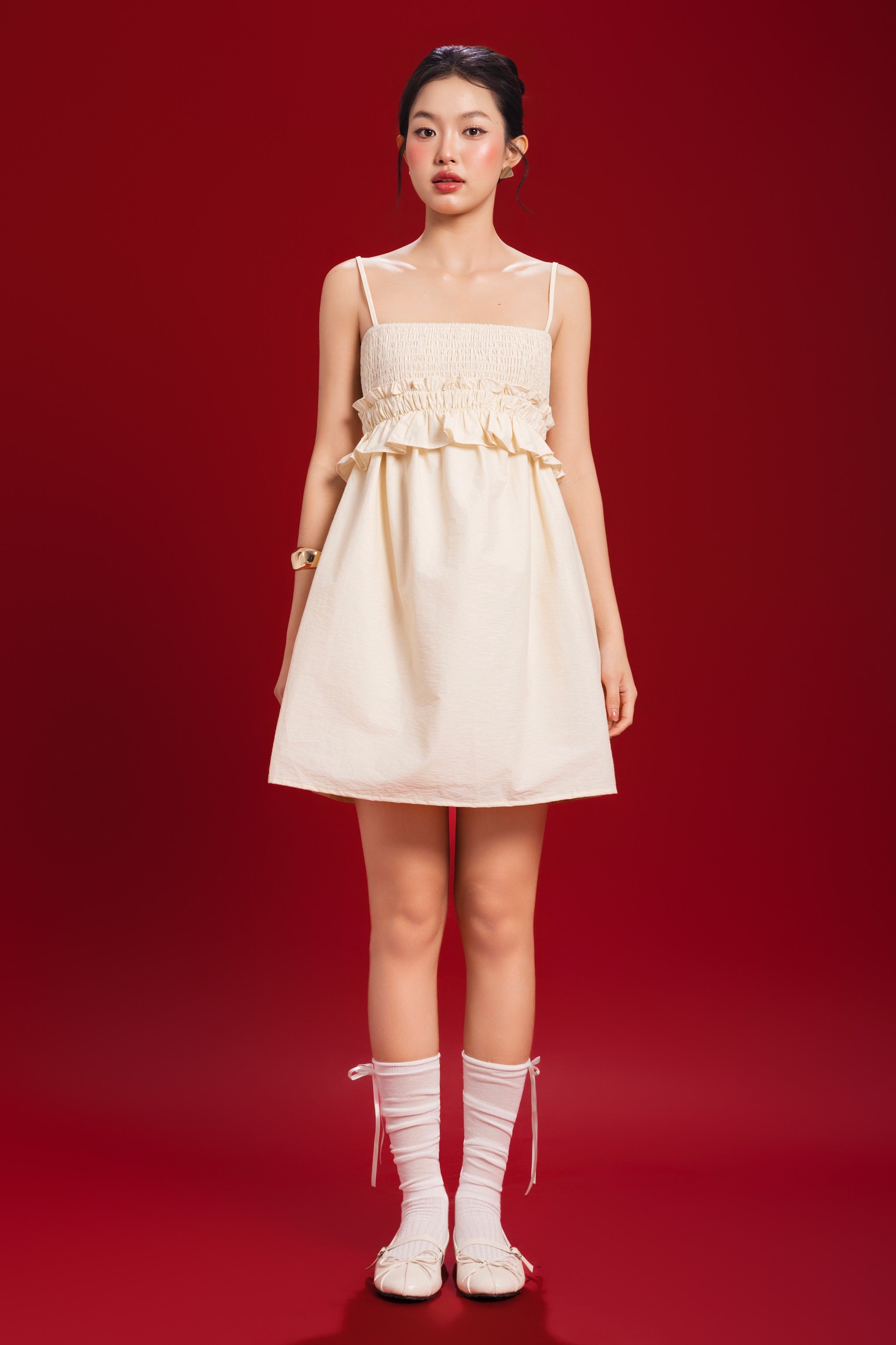 Buttercup Smocked Ruffle Babydoll Dress in Yellow Creme