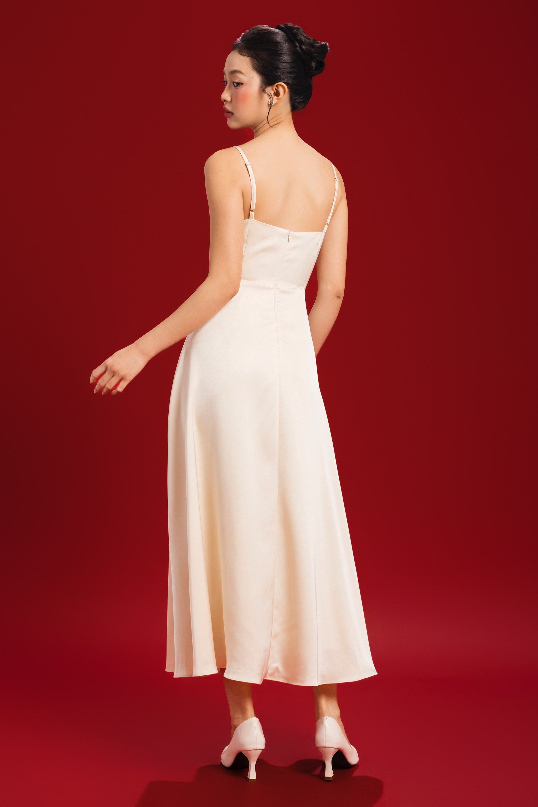 Opulence V-neck Padded Satin Dress in Champagne