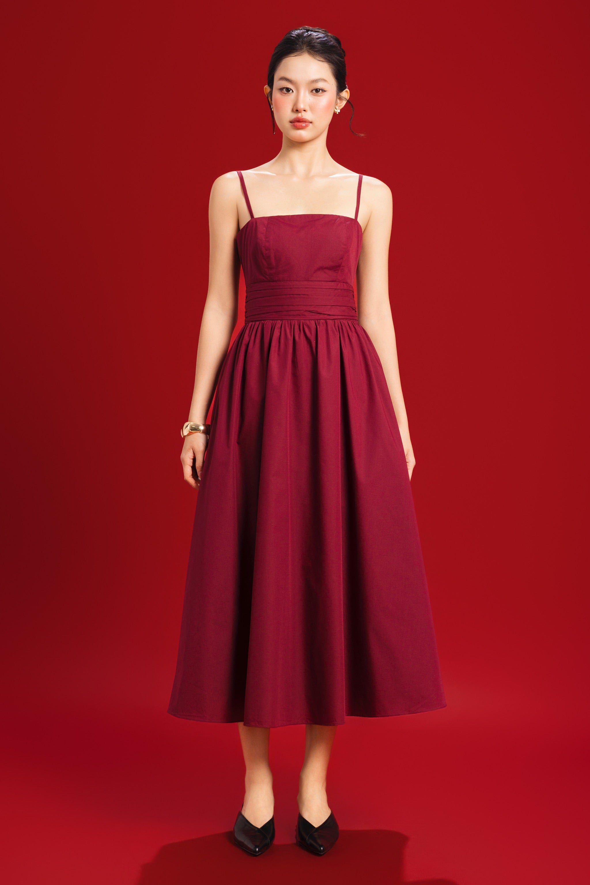 Long Live Fit-and-flare Padded Midi Dress in Burgundy