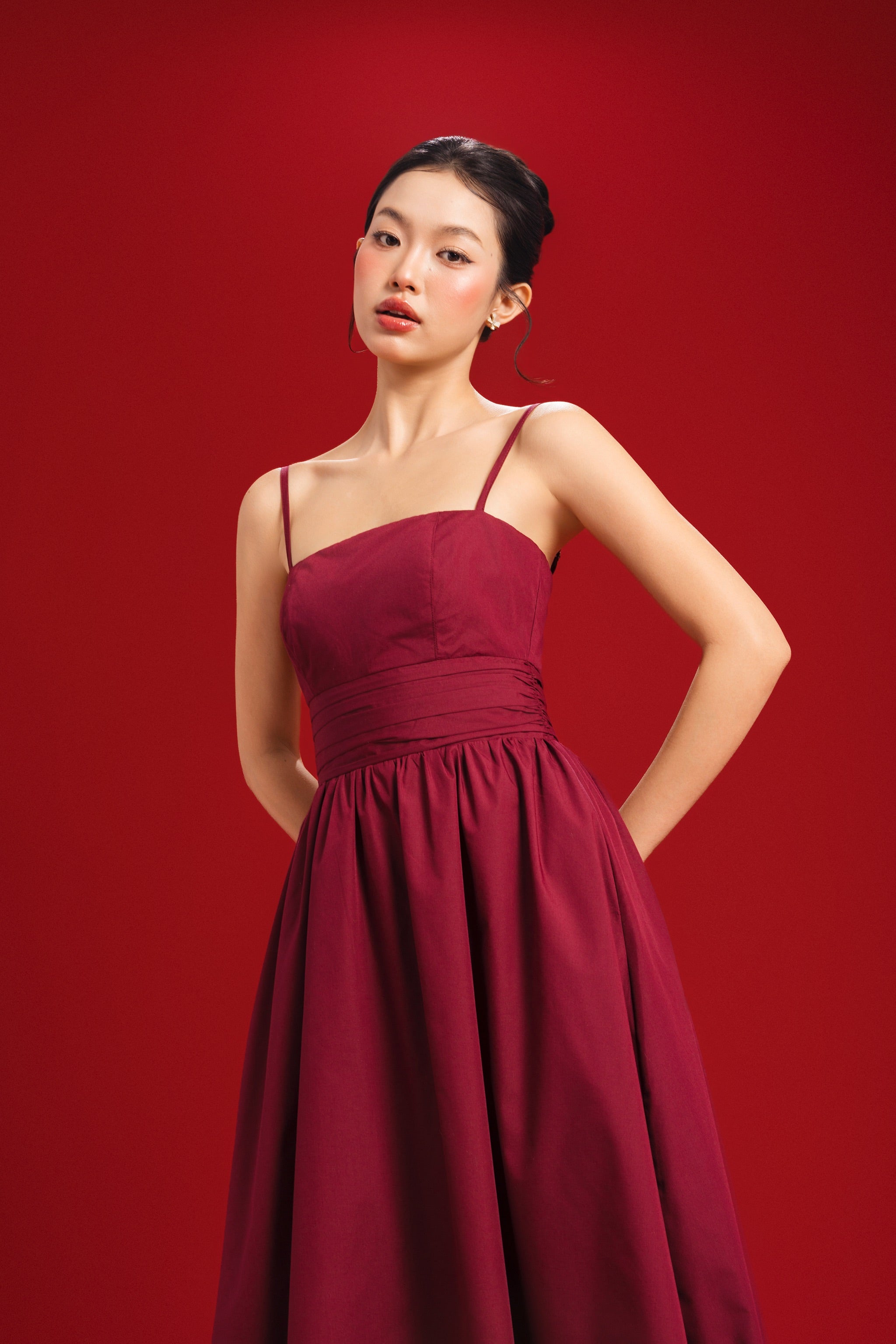 Long Live Fit-and-flare Padded Midi Dress in Burgundy