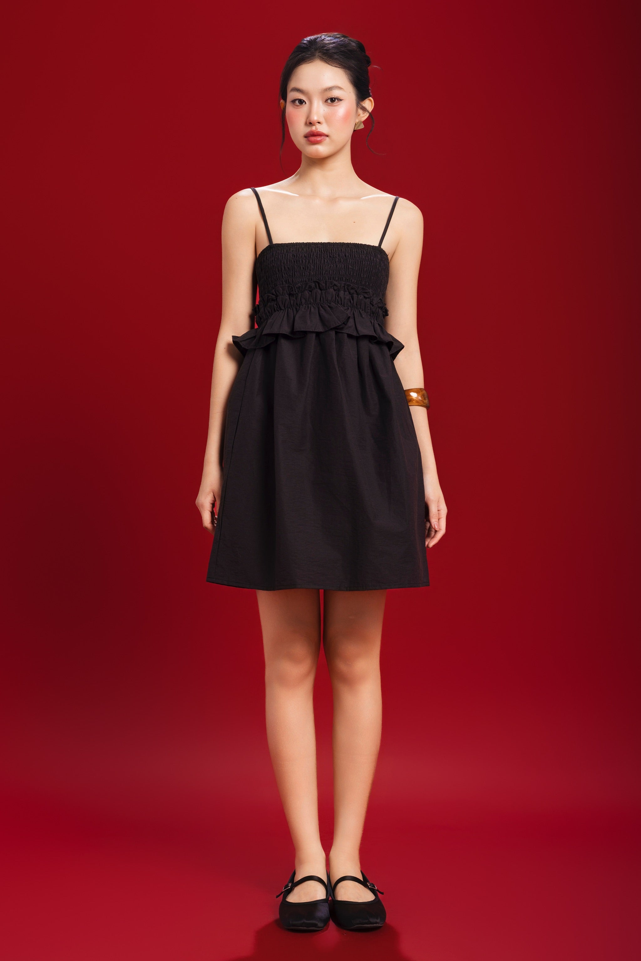 Buttercup Smocked Ruffle Babydoll Dress in Black