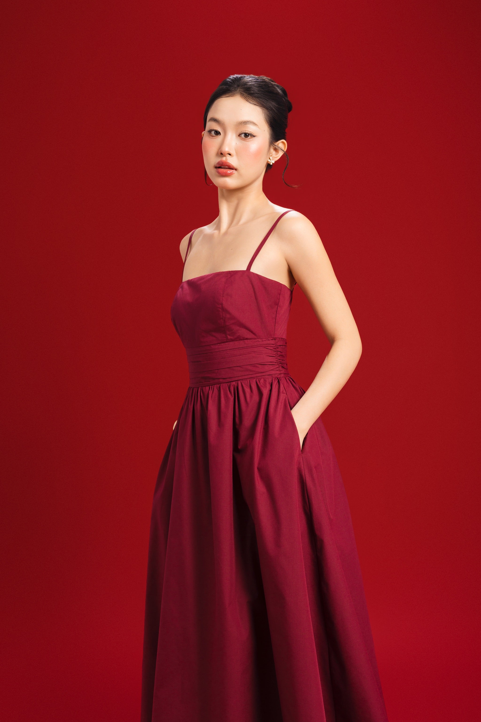Long Live Fit-and-flare Padded Midi Dress in Burgundy