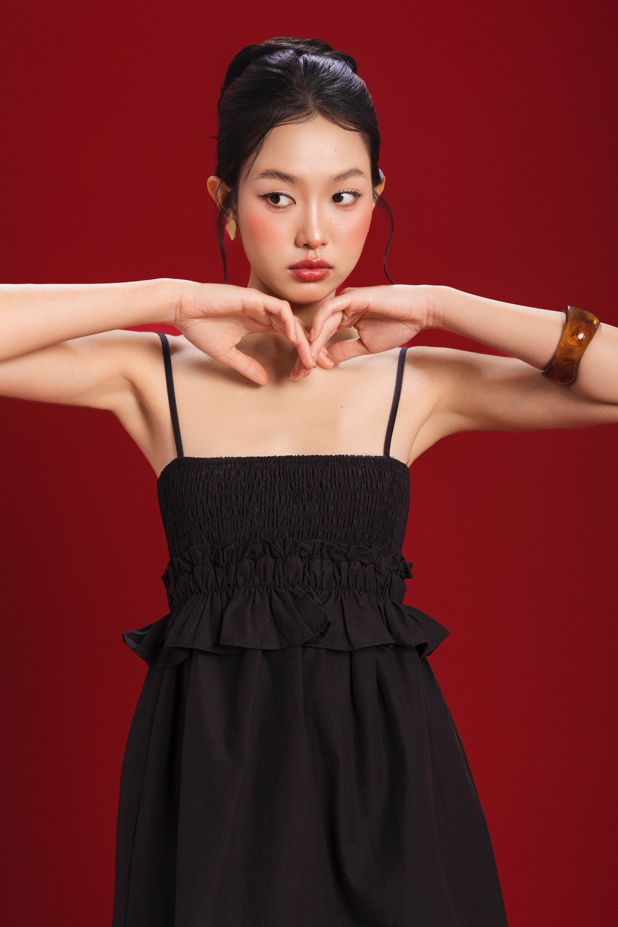 Buttercup Smocked Ruffle Babydoll Dress in Black