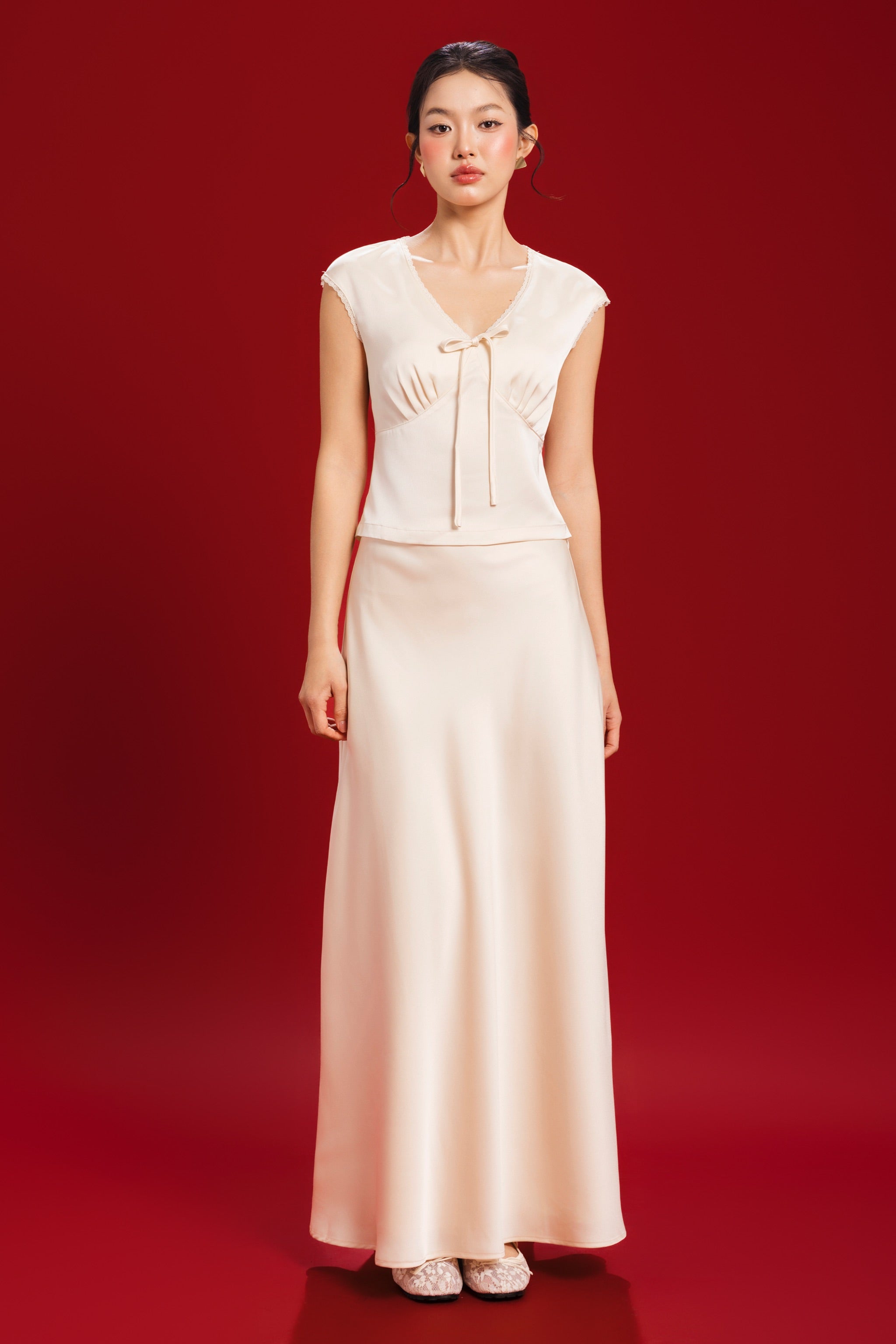 Allure Satin Maxi Flare Skirt in Champagne