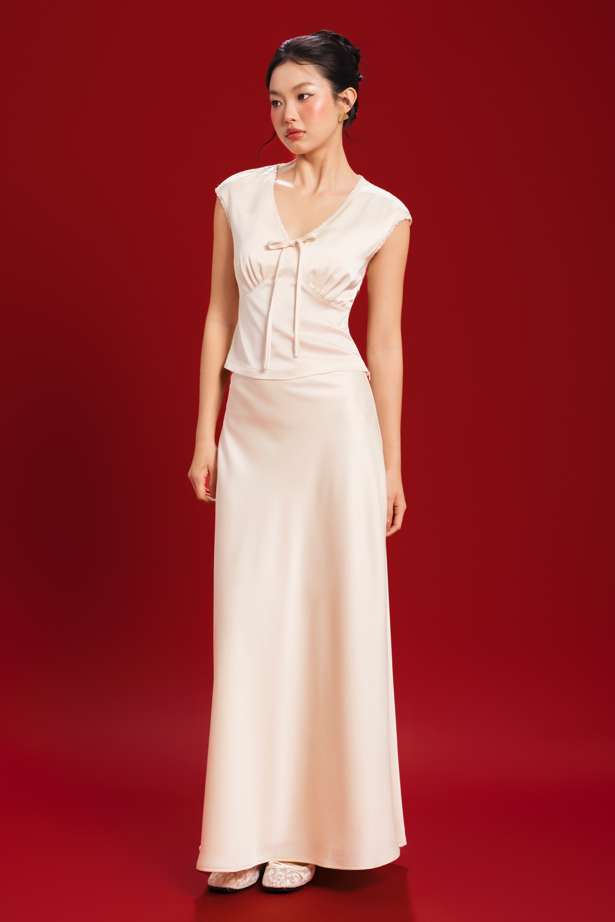 Allure Satin Maxi Flare Skirt in Champagne