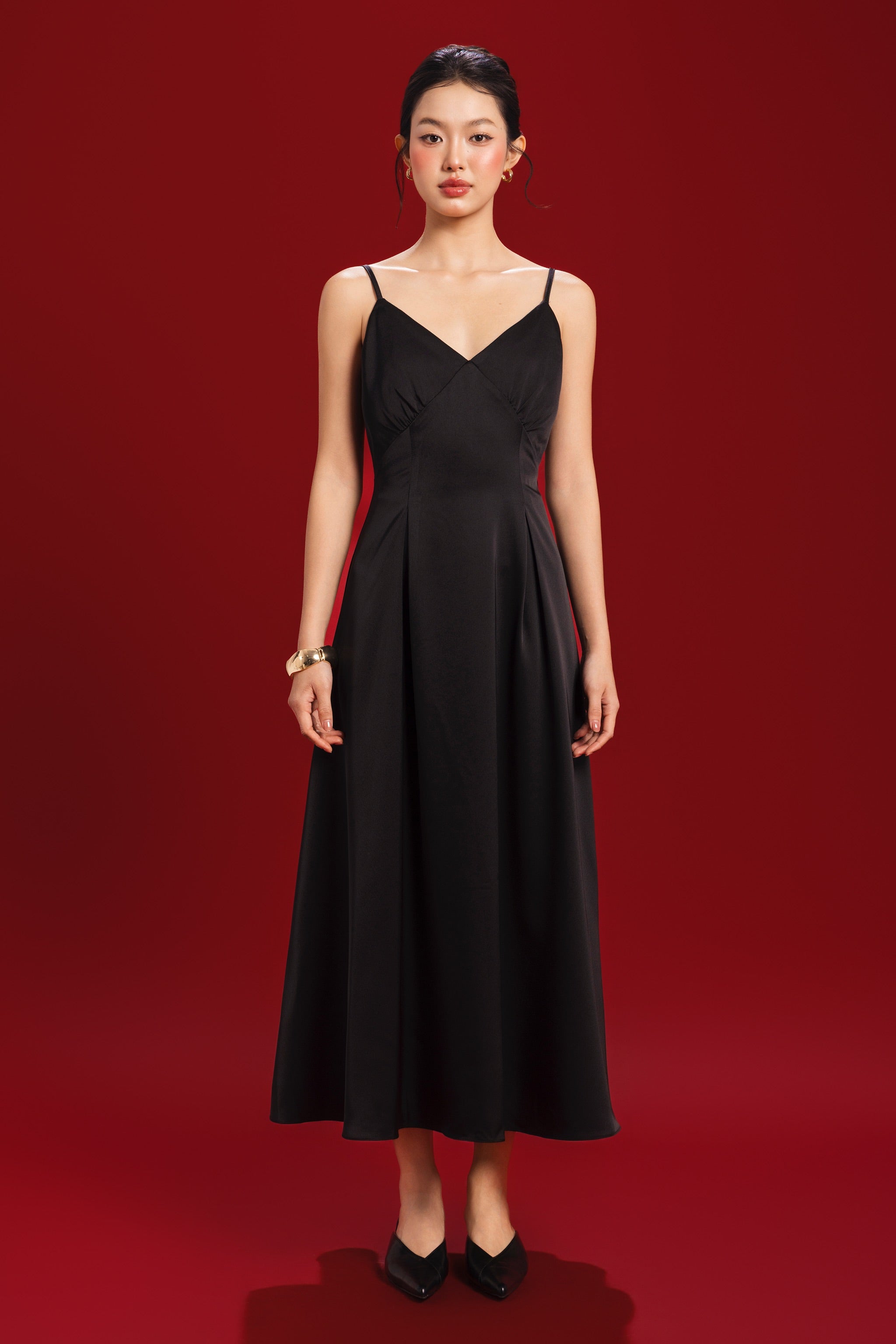 Opulence V-neck Padded Satin Dress in Black