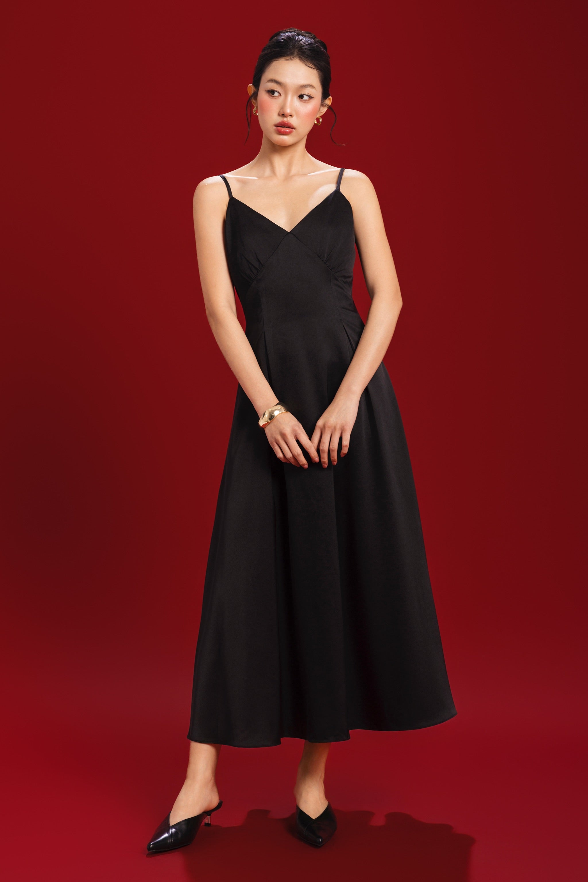 Opulence V-neck Padded Satin Dress in Black
