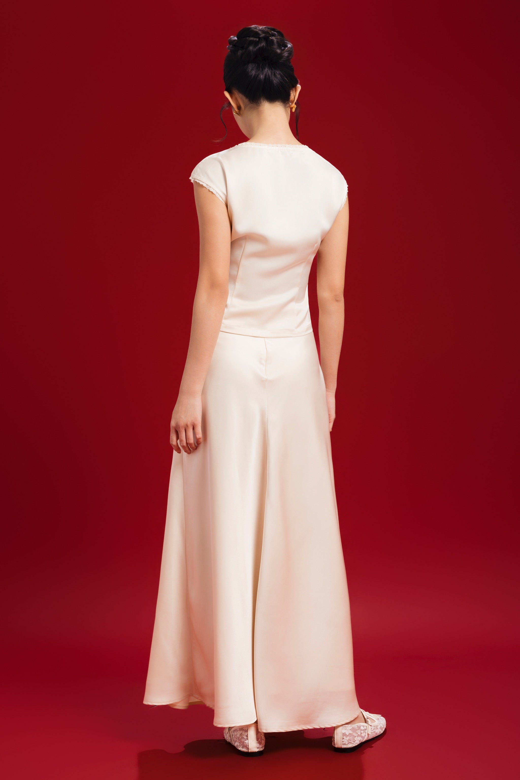 Allure Satin Maxi Flare Skirt in Champagne