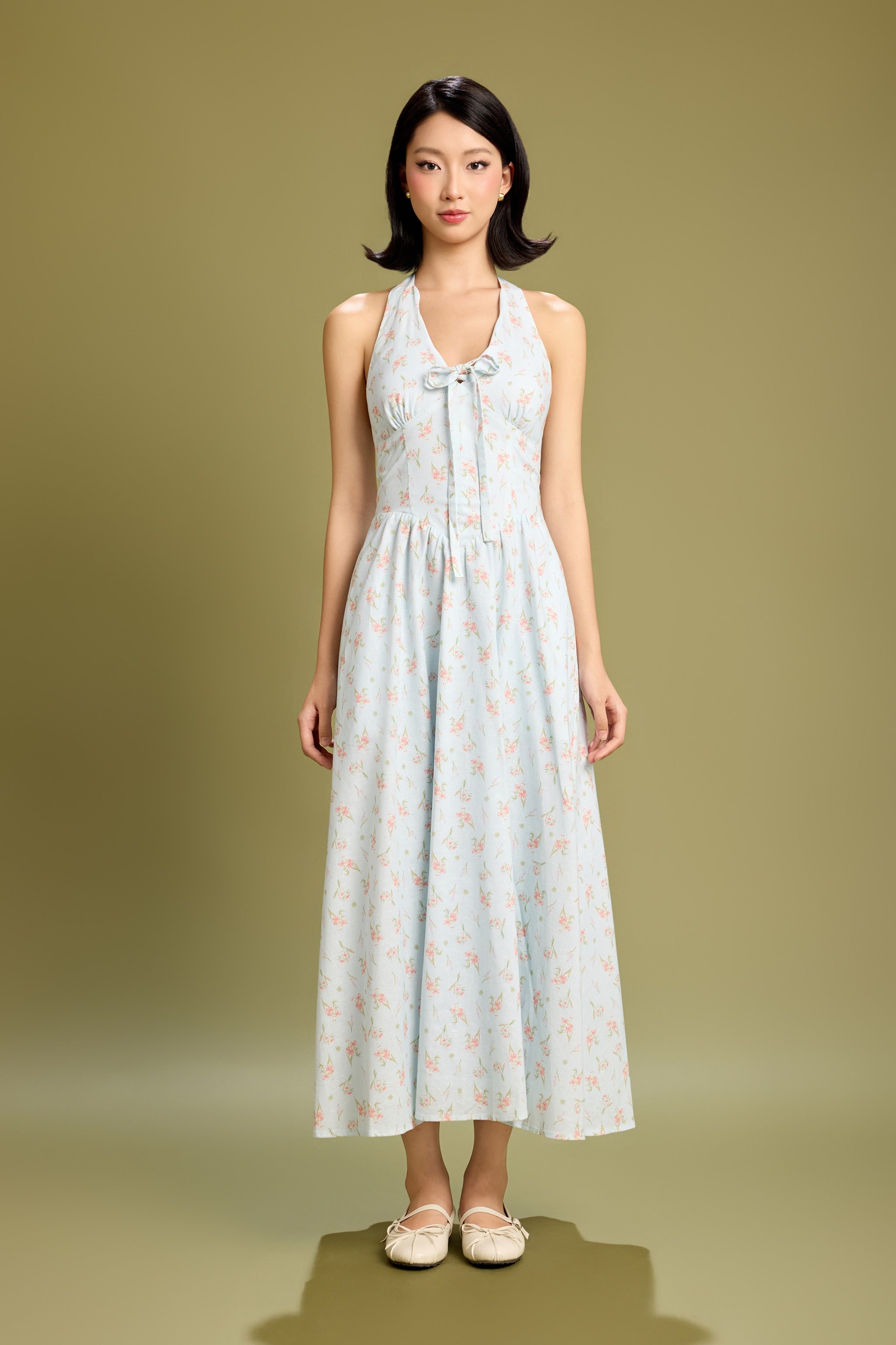Broadway Scallop Halter Maxi Padded Dress in Lucky Bloom (Blue)