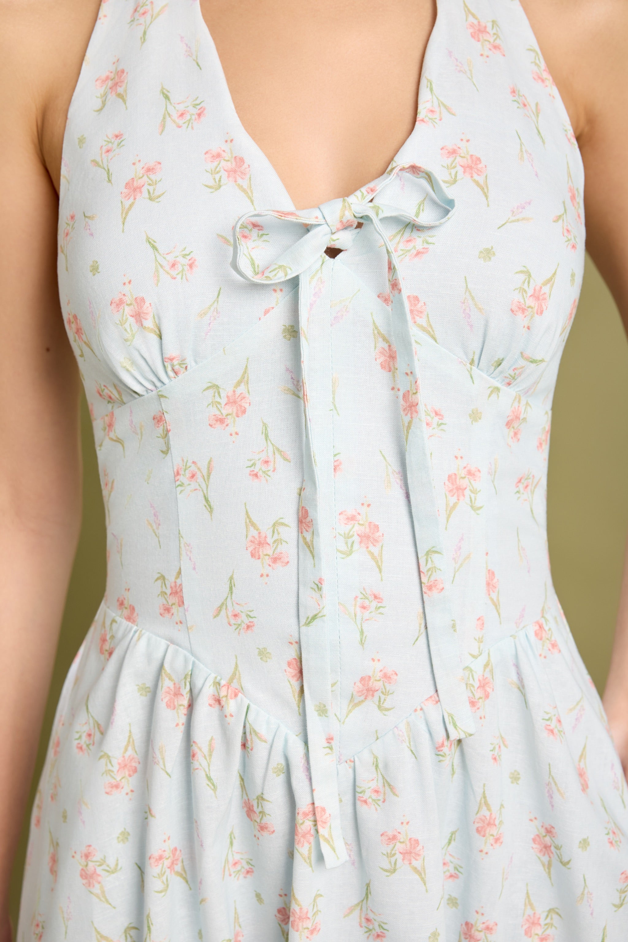 Broadway Scallop Halter Maxi Padded Dress in Lucky Bloom (Blue)