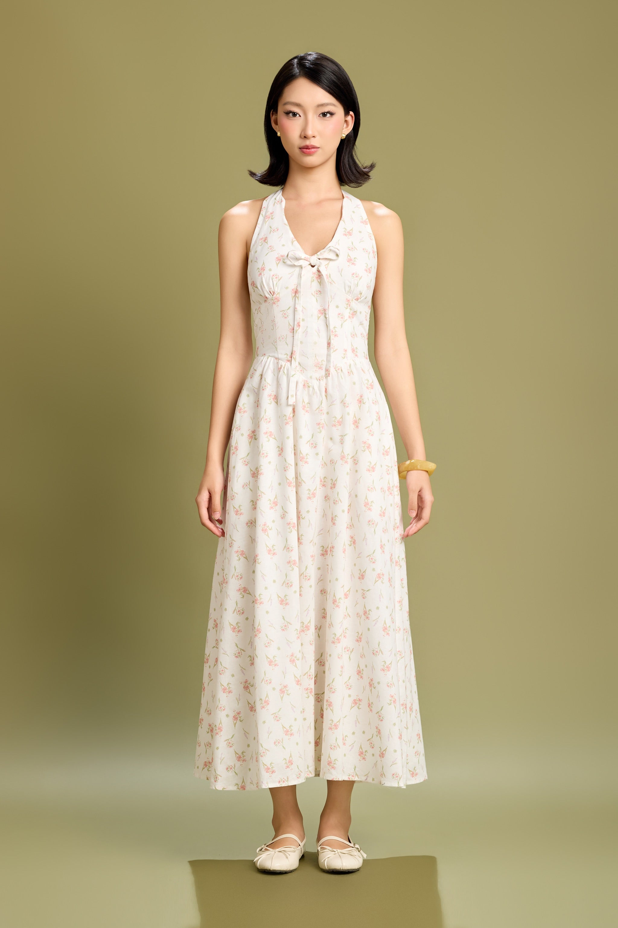 Broadway Scallop Halter Maxi Padded Dress in Lucky Bloom (Cream)