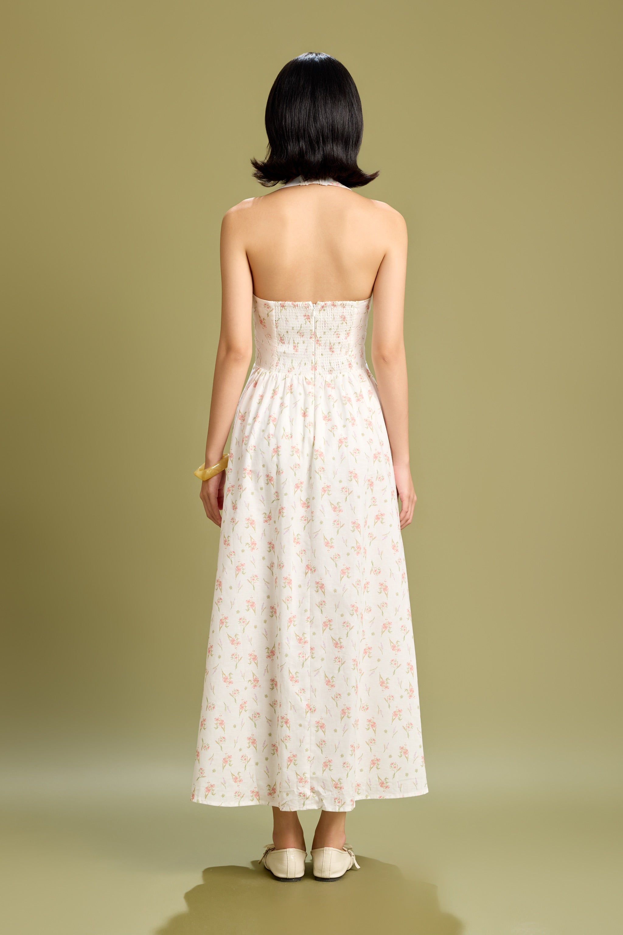 Broadway Scallop Halter Maxi Padded Dress in Lucky Bloom (Cream)