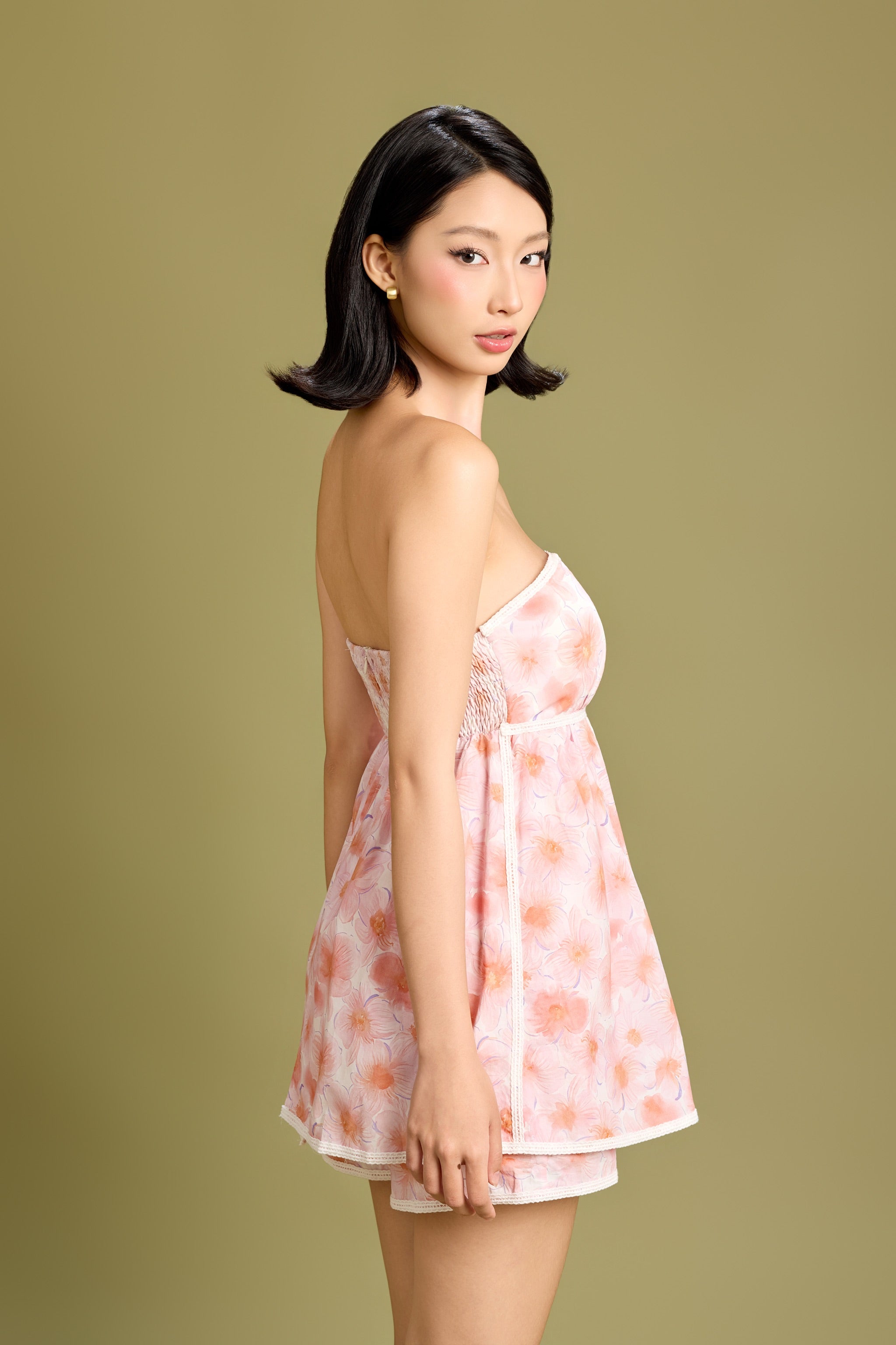 (RESTOCKED) Make Me Blush Babydoll Lace Trim Padded Romper in Orchid Reverie