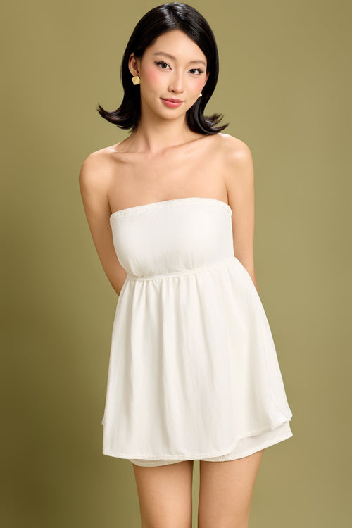 (RESTOCKED) Make Me Blush Babydoll Lace Trim Padded Romper in Ivory