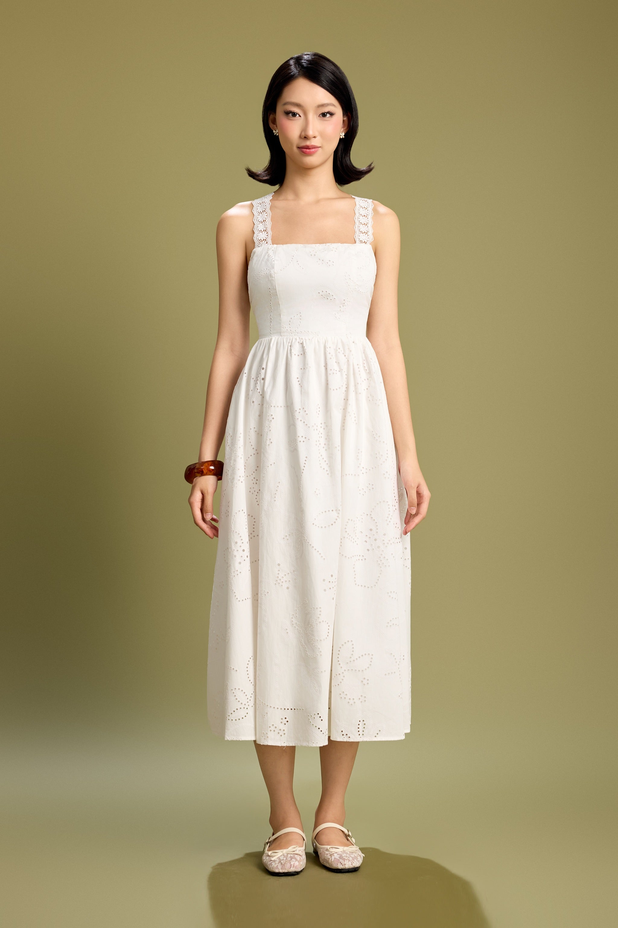 Smitten Crossback Eyelet Midaxi Padded Dress in Ivory