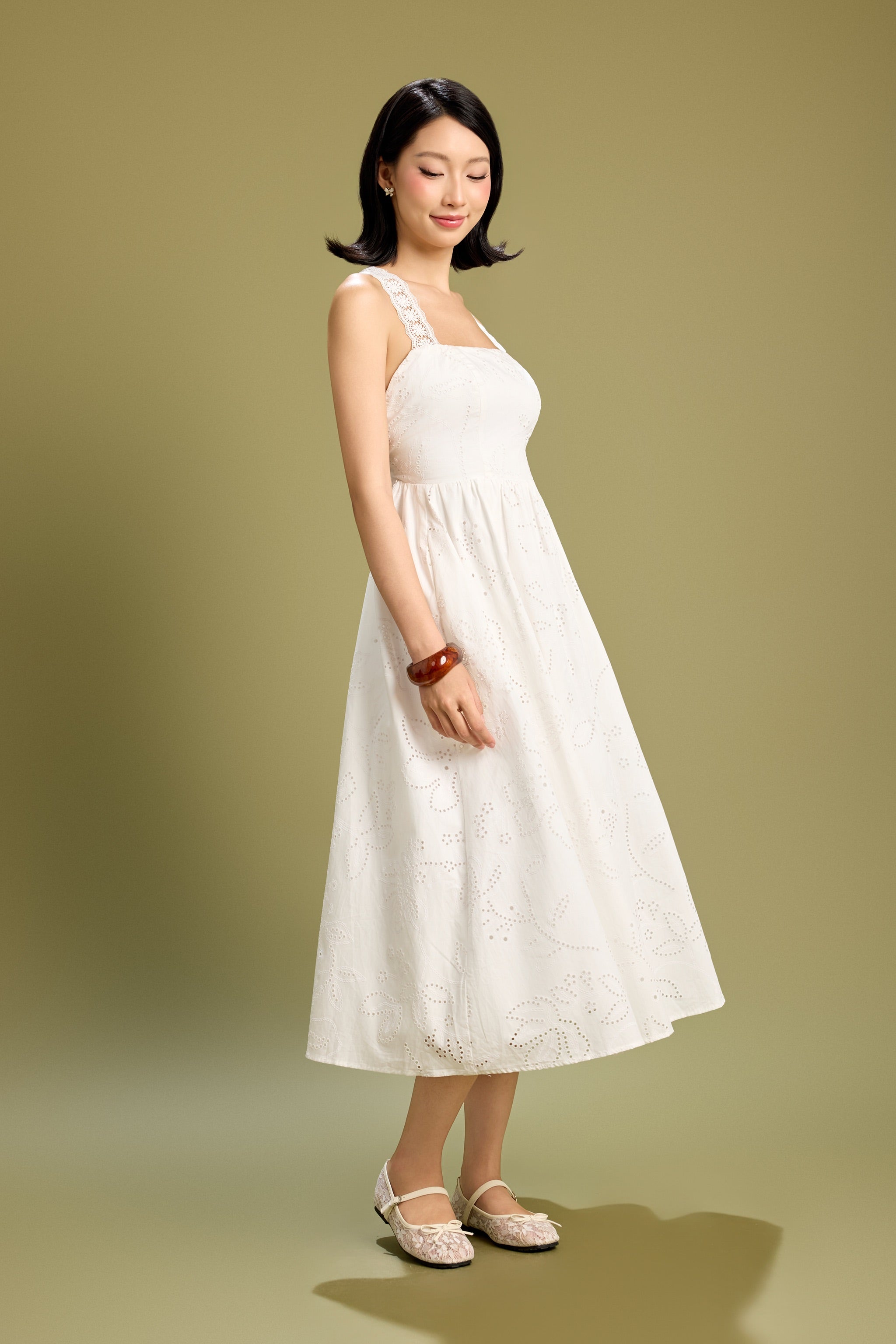Smitten Crossback Eyelet Midaxi Padded Dress in Ivory