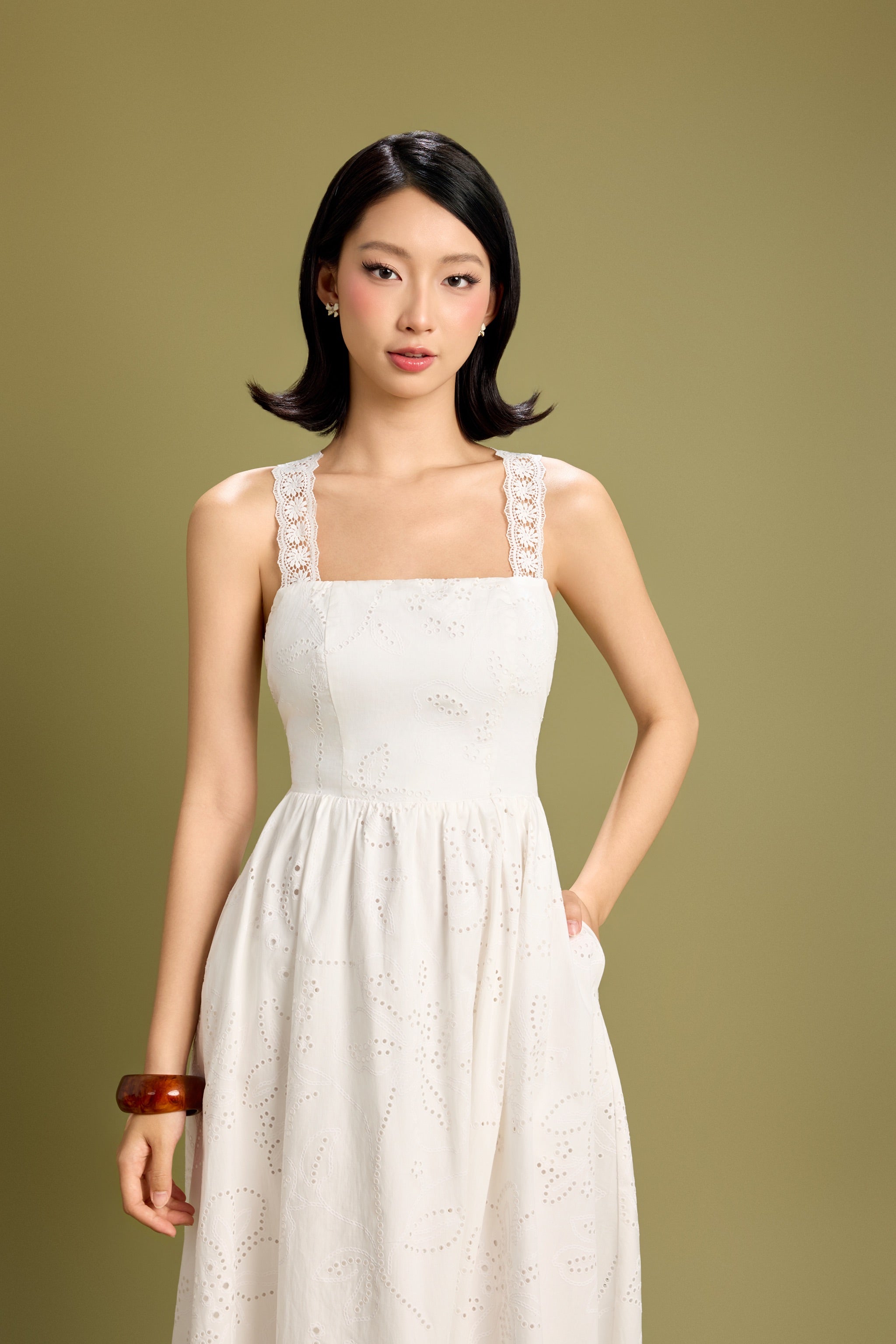Smitten Crossback Eyelet Midaxi Padded Dress in Ivory