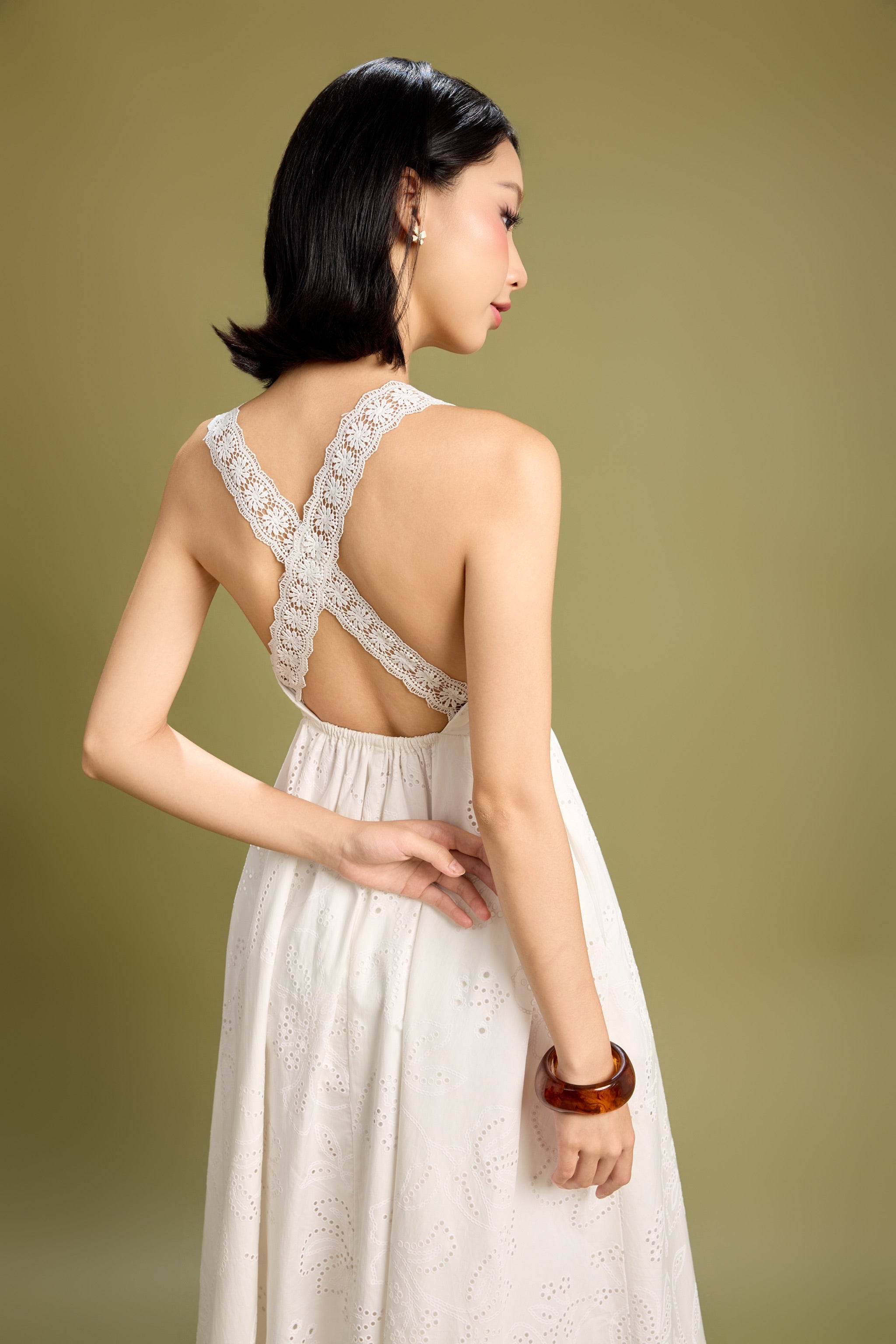 Smitten Crossback Eyelet Midaxi Padded Dress in Ivory