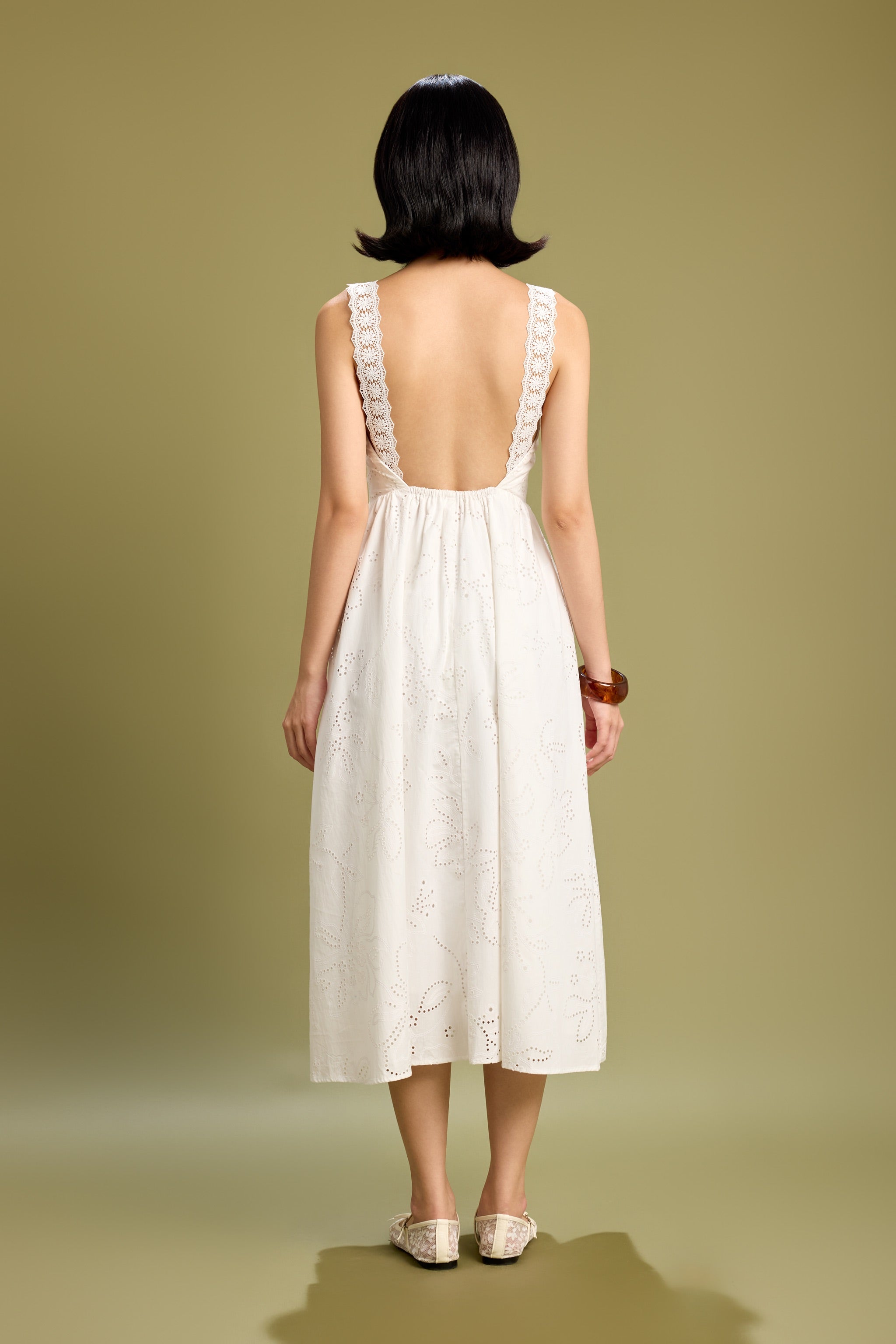 Smitten Crossback Eyelet Midaxi Padded Dress in Ivory