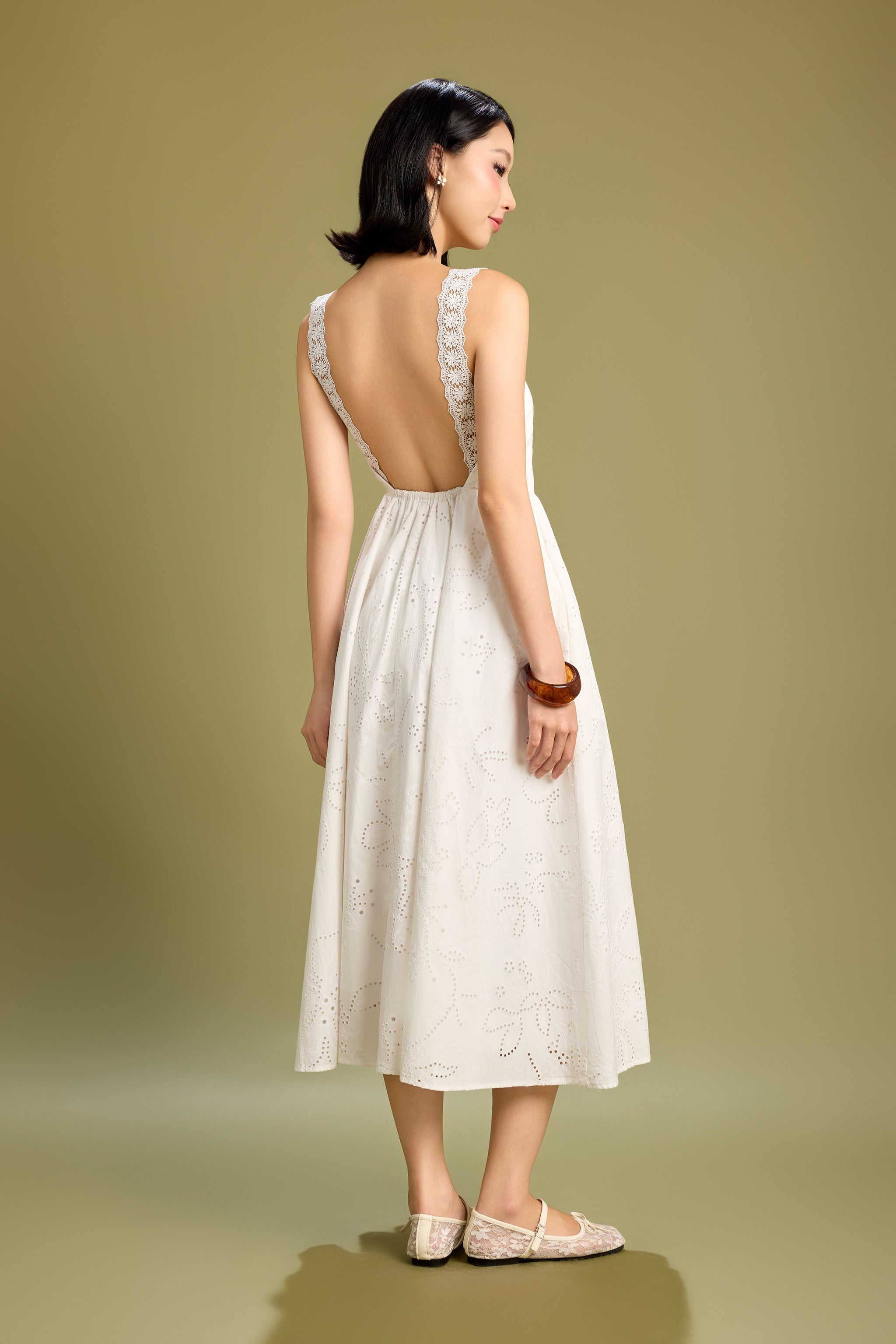 Smitten Crossback Eyelet Midaxi Padded Dress in Ivory