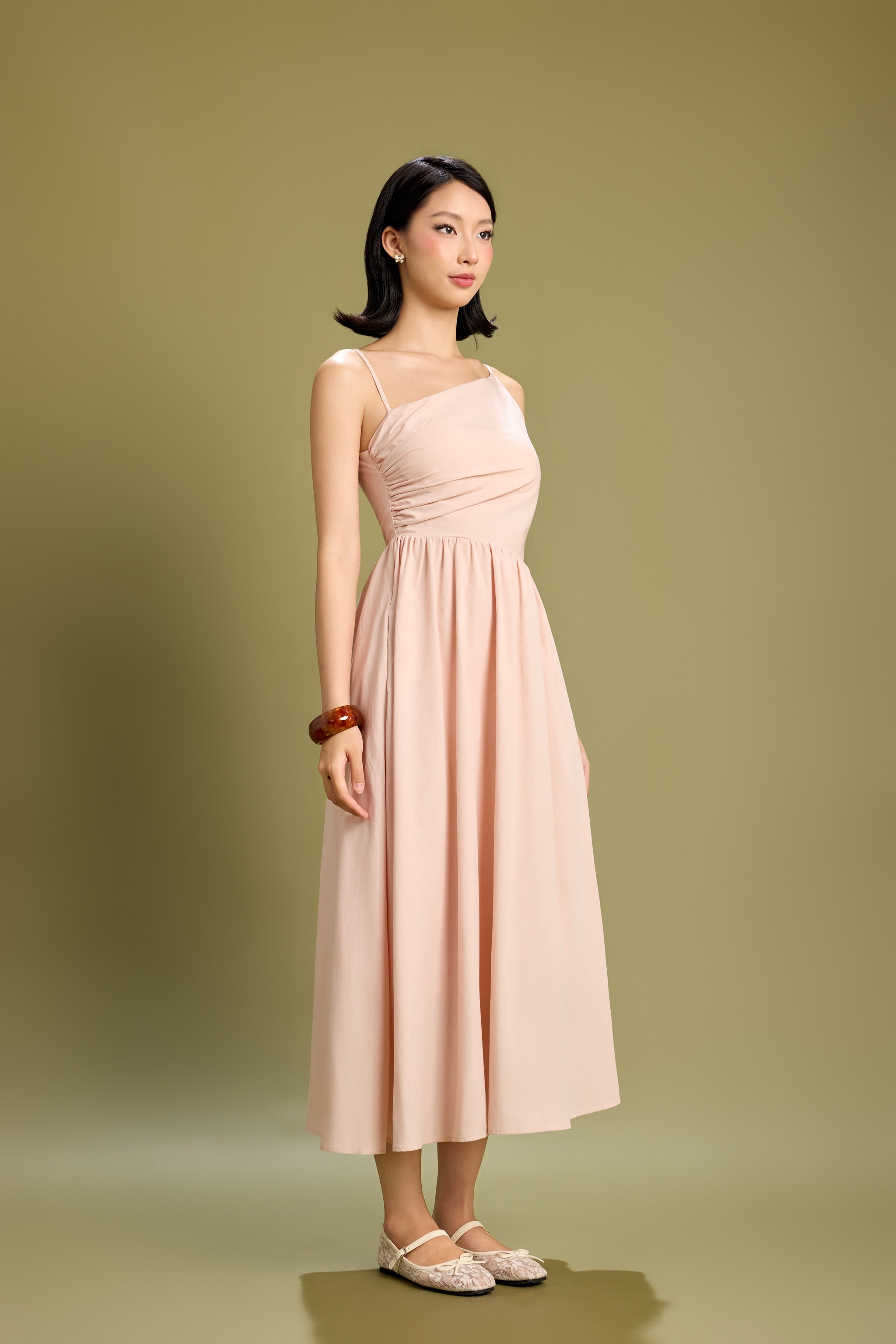 Upside Asymmetrical Cut-out Padded Dress in Crepe Pink
