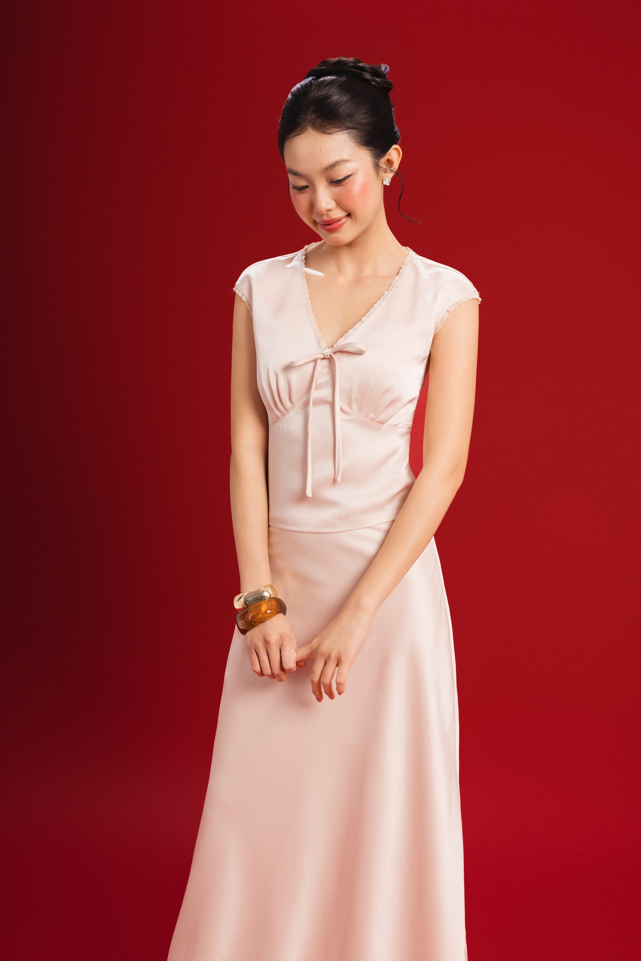 Favoured Lace Trim V-neck Padded Satin Top in Ballet Pink