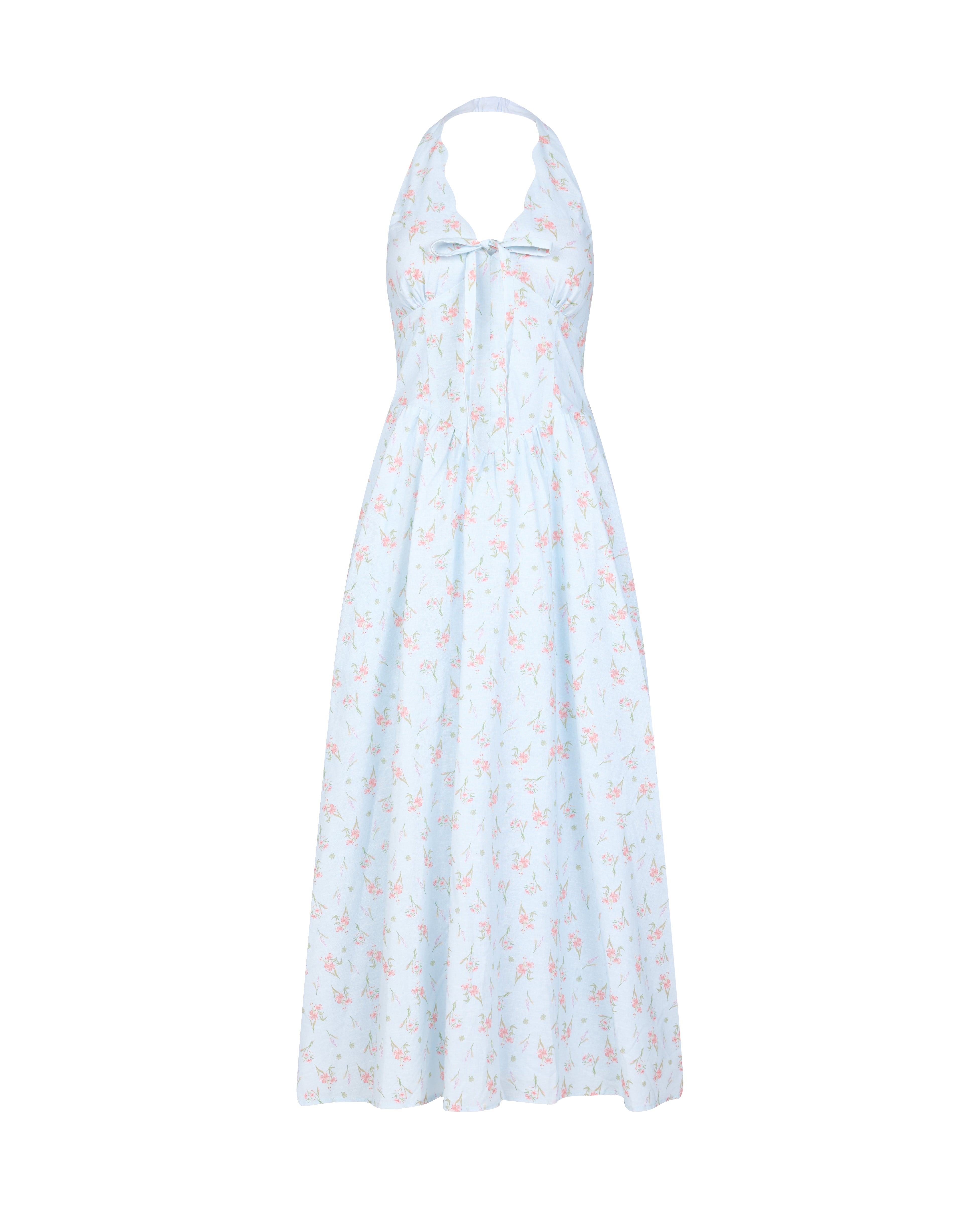 Broadway Scallop Halter Maxi Padded Dress in Lucky Bloom (Blue)