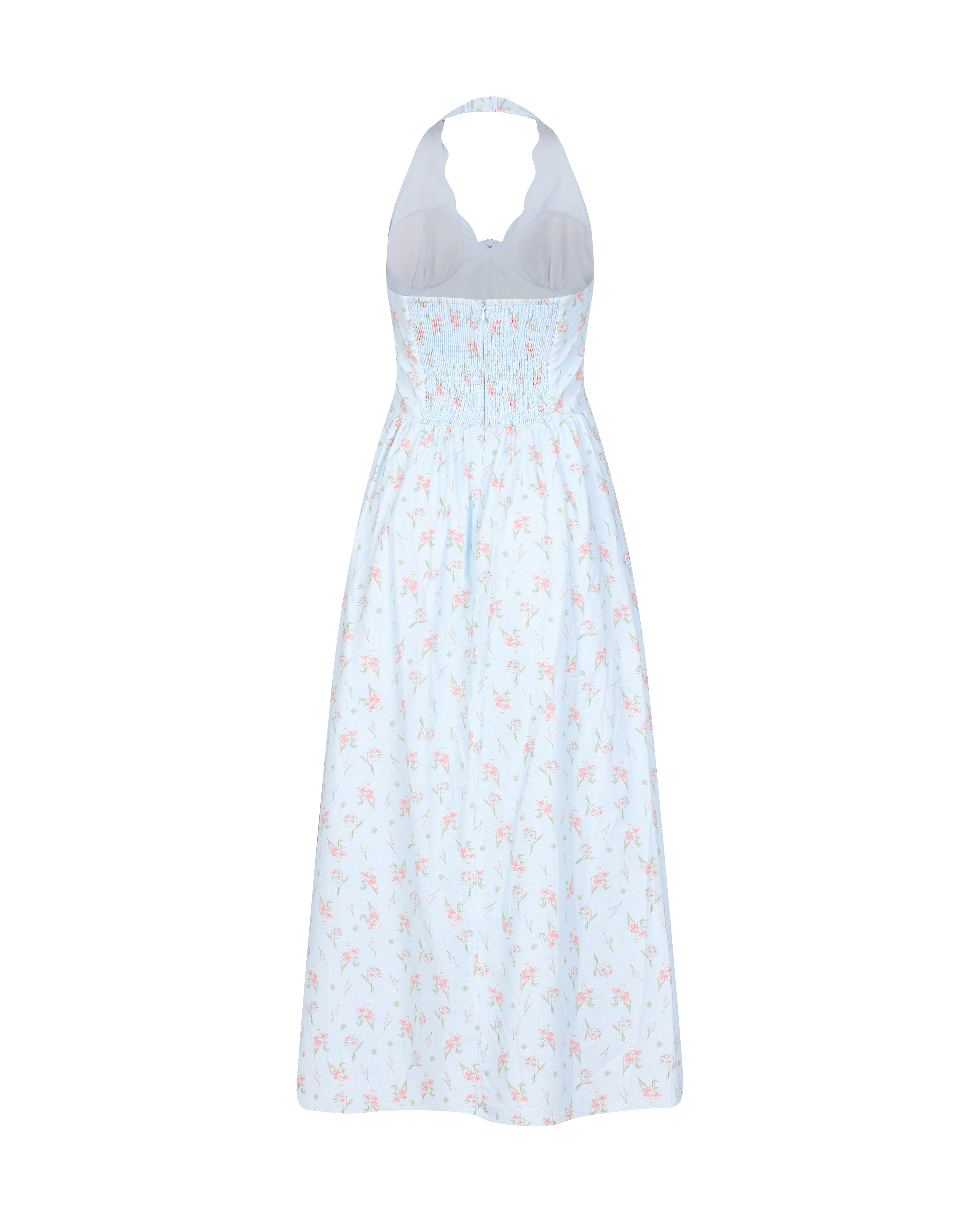 Broadway Scallop Halter Maxi Padded Dress in Lucky Bloom (Blue)